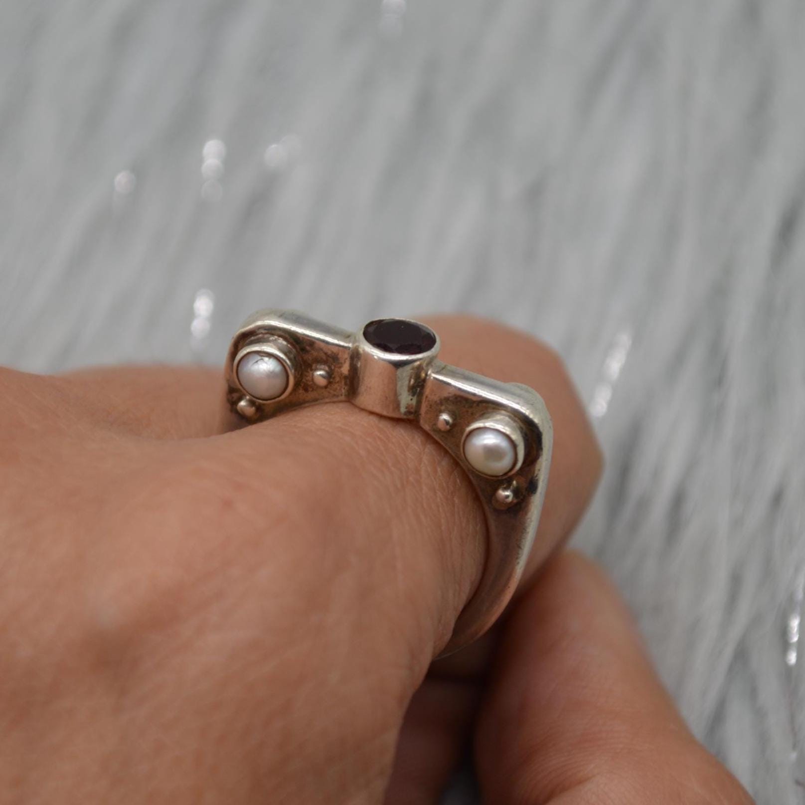Garnet Pearl Sterling Silver Ring: Size N 1/2, Red White Gemstone, January June Birthstone
