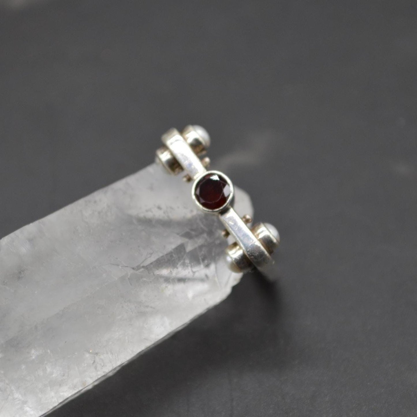 Garnet Pearl Sterling Silver Ring: Size N 1/2, Red White Gemstone, January June Birthstone