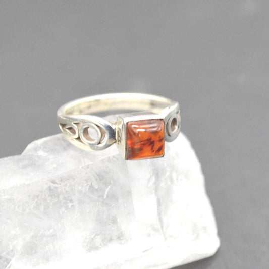 Red Amber Sterling Silver Ring: UK Size N, Stacking Ring, Gemstone Jewelry