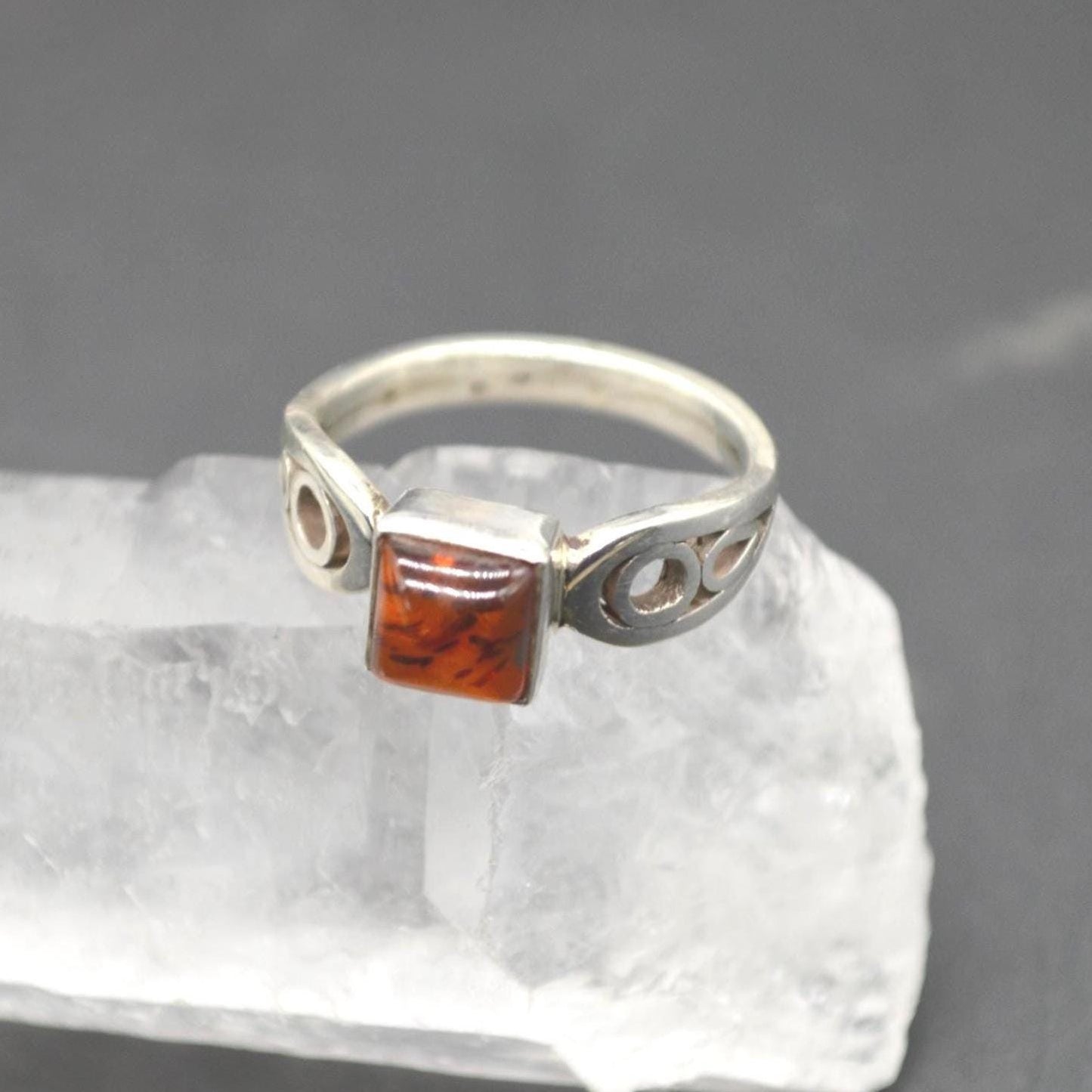 Red Amber Sterling Silver Ring: UK Size N, Stacking Ring, Gemstone Jewelry