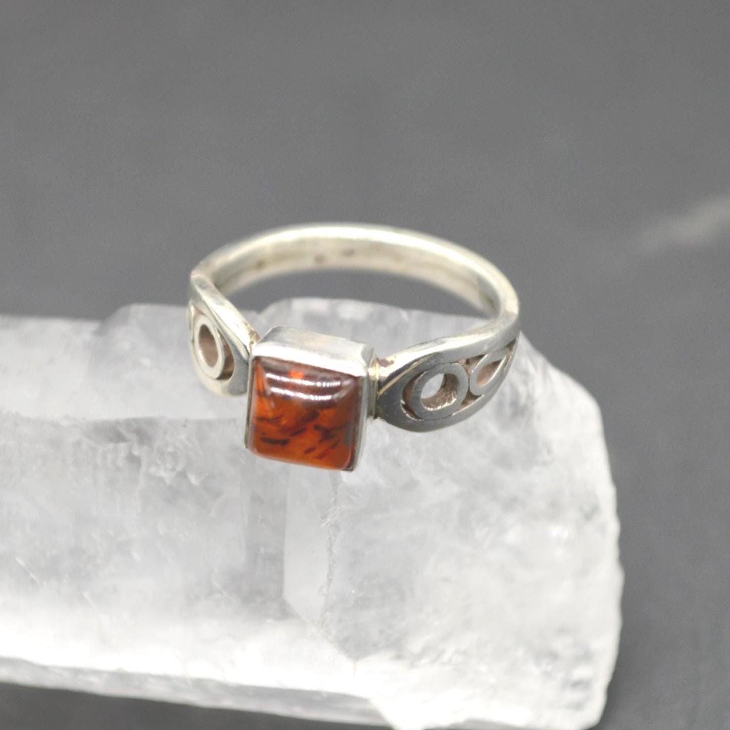 Red Amber Sterling Silver Ring: UK Size N, Stacking Ring, Gemstone Jewelry