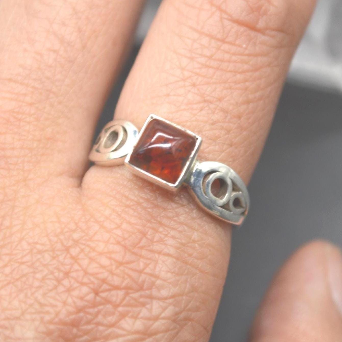 Red Amber Sterling Silver Ring: UK Size N, Stacking Ring, Gemstone Jewelry