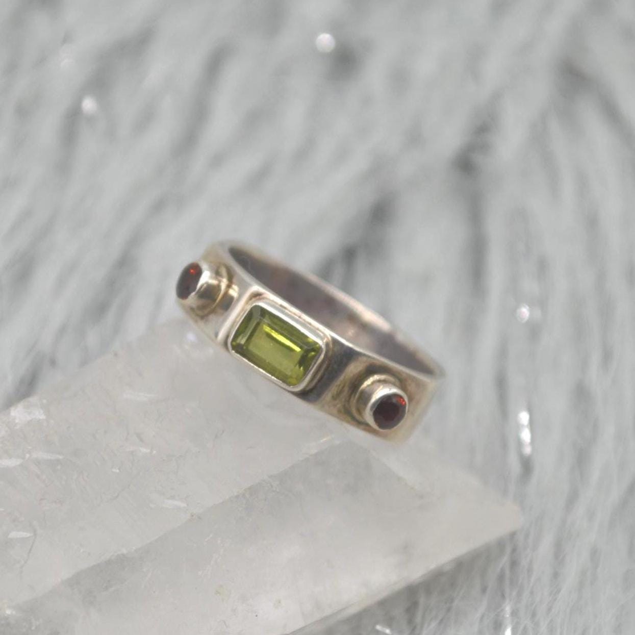 Peridot Garnet Sterling Silver Ring: Size O, August January Birthstone, Green Red Gemstone Jewelry