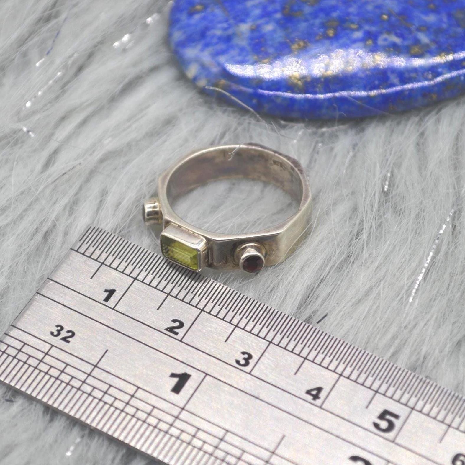 Peridot Garnet Sterling Silver Ring: Size O, August January Birthstone, Green Red Gemstone Jewelry