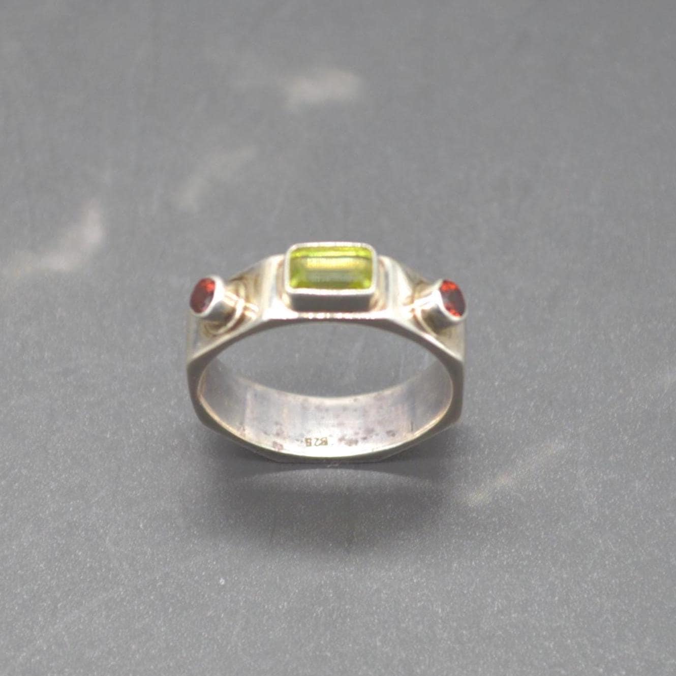 Peridot Garnet Sterling Silver Ring: Size O, August January Birthstone, Green Red Gemstone Jewelry
