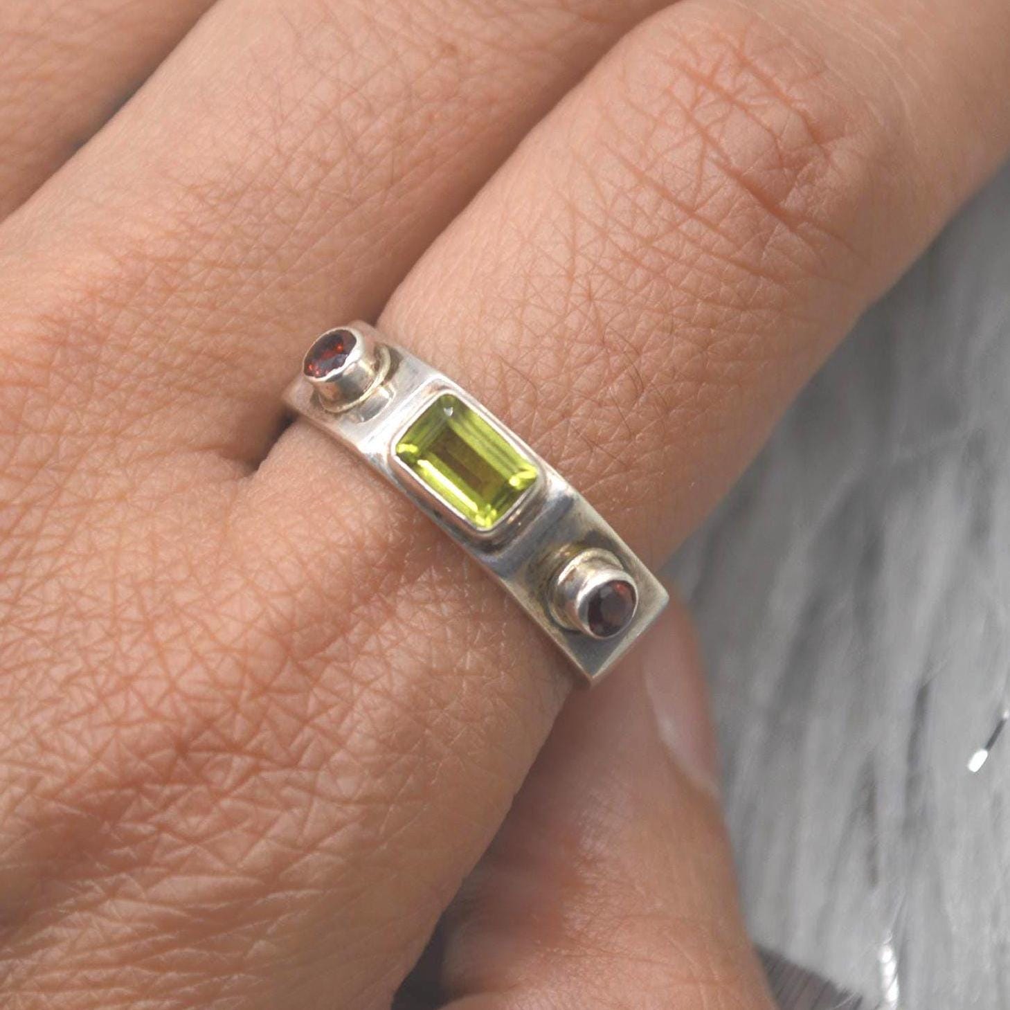 Peridot Garnet Sterling Silver Ring: Size O, August January Birthstone, Green Red Gemstone Jewelry