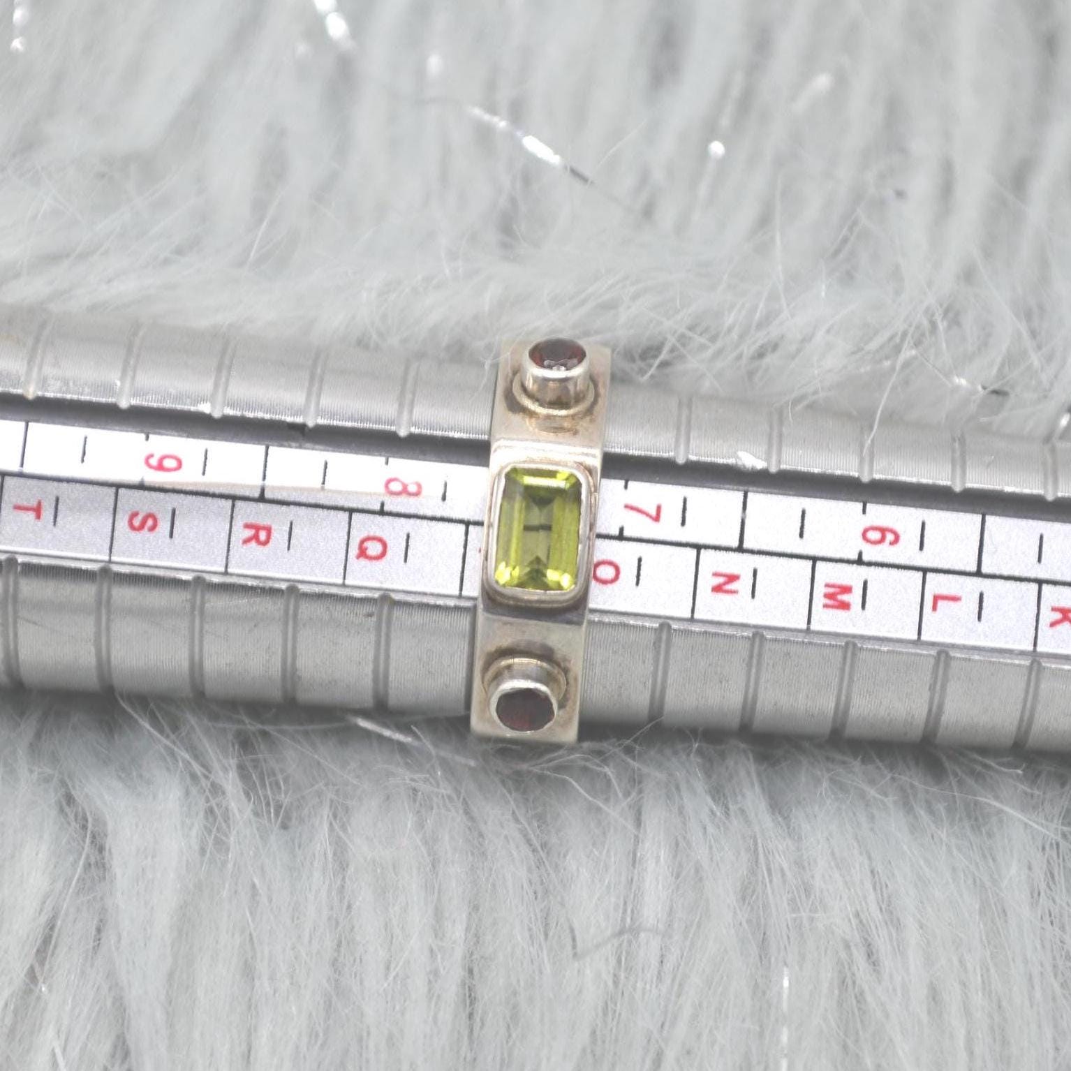 Peridot Garnet Sterling Silver Ring: Size O, August January Birthstone, Green Red Gemstone Jewelry