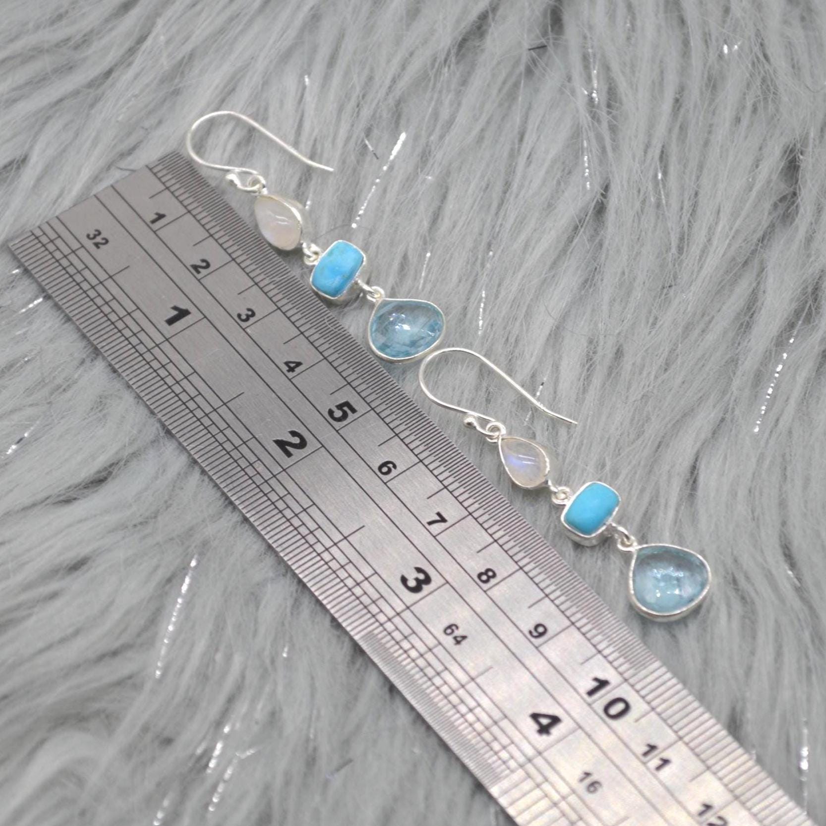 Moonstone Turquoise Blue Topaz Earrings: Sterling Silver Dangle Drop, Gemstone Jewelry, December Birthstone