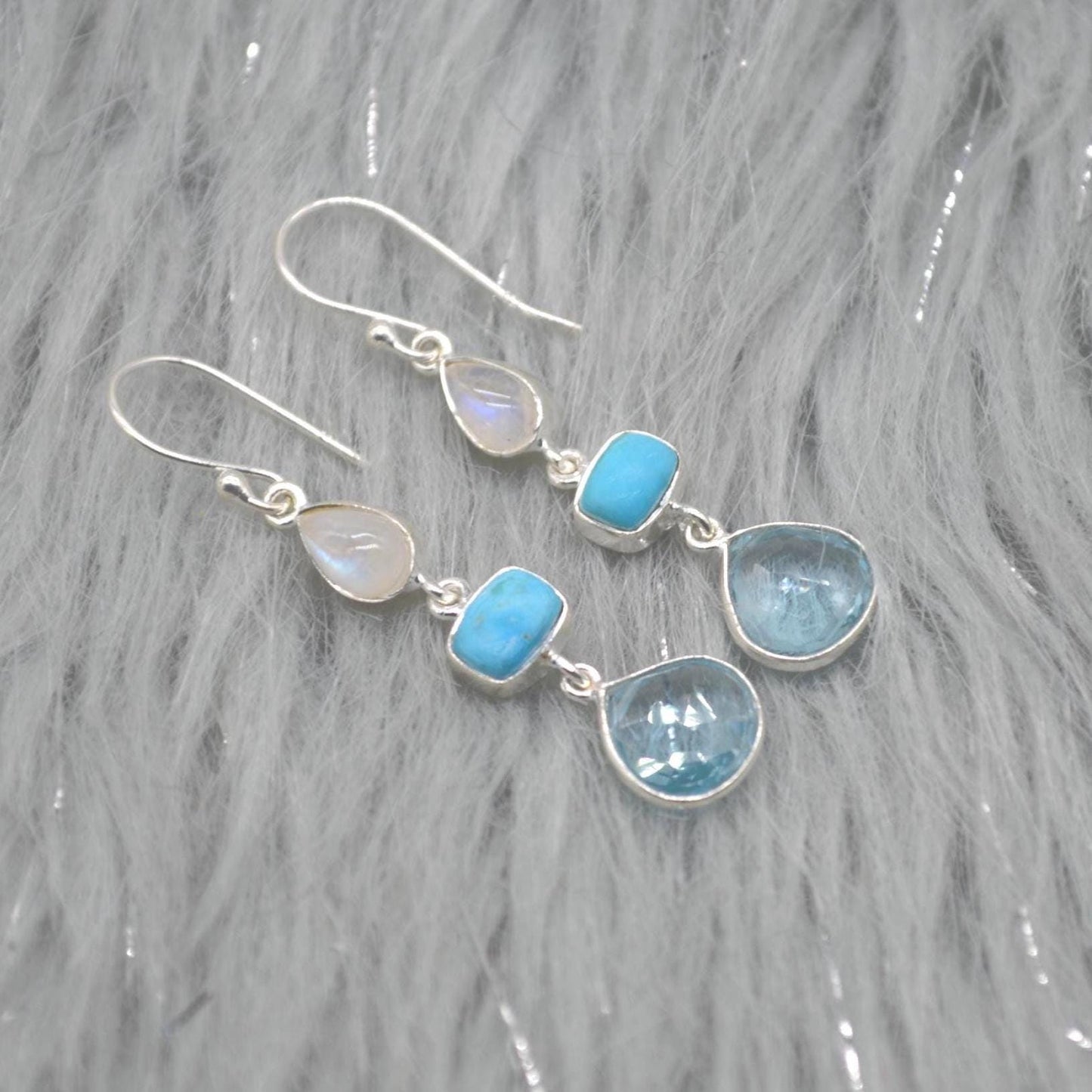 Moonstone Turquoise Blue Topaz Earrings: Sterling Silver Dangle Drop, Gemstone Jewelry, December Birthstone