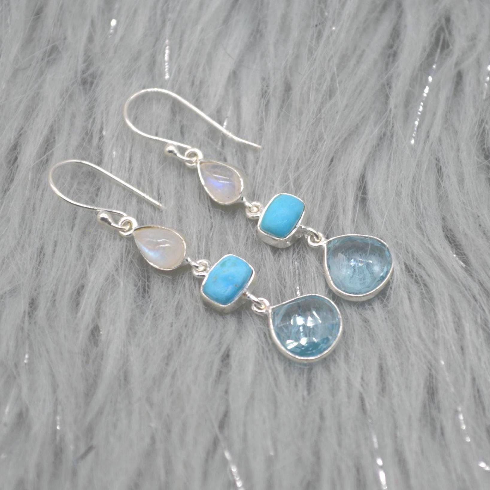 Moonstone Turquoise Blue Topaz Earrings: Sterling Silver Dangle Drop, Gemstone Jewelry, December Birthstone