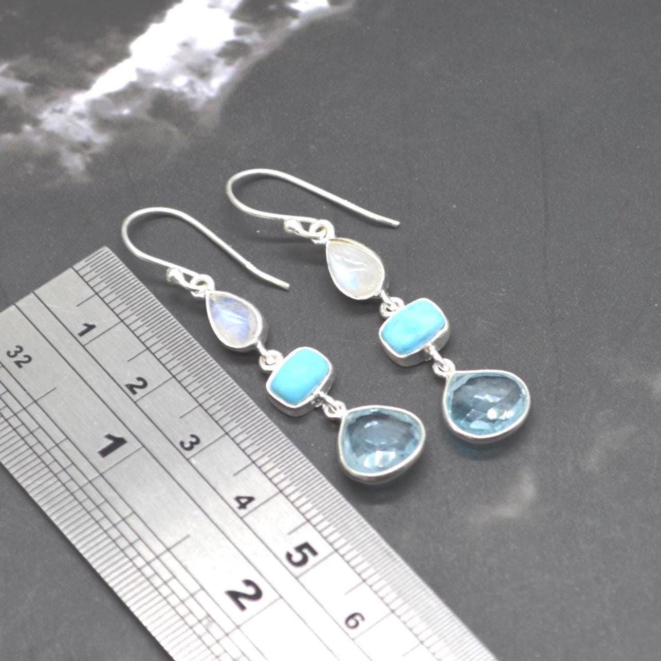 Moonstone Turquoise Blue Topaz Earrings: Sterling Silver Dangle Drop, Gemstone Jewelry, December Birthstone