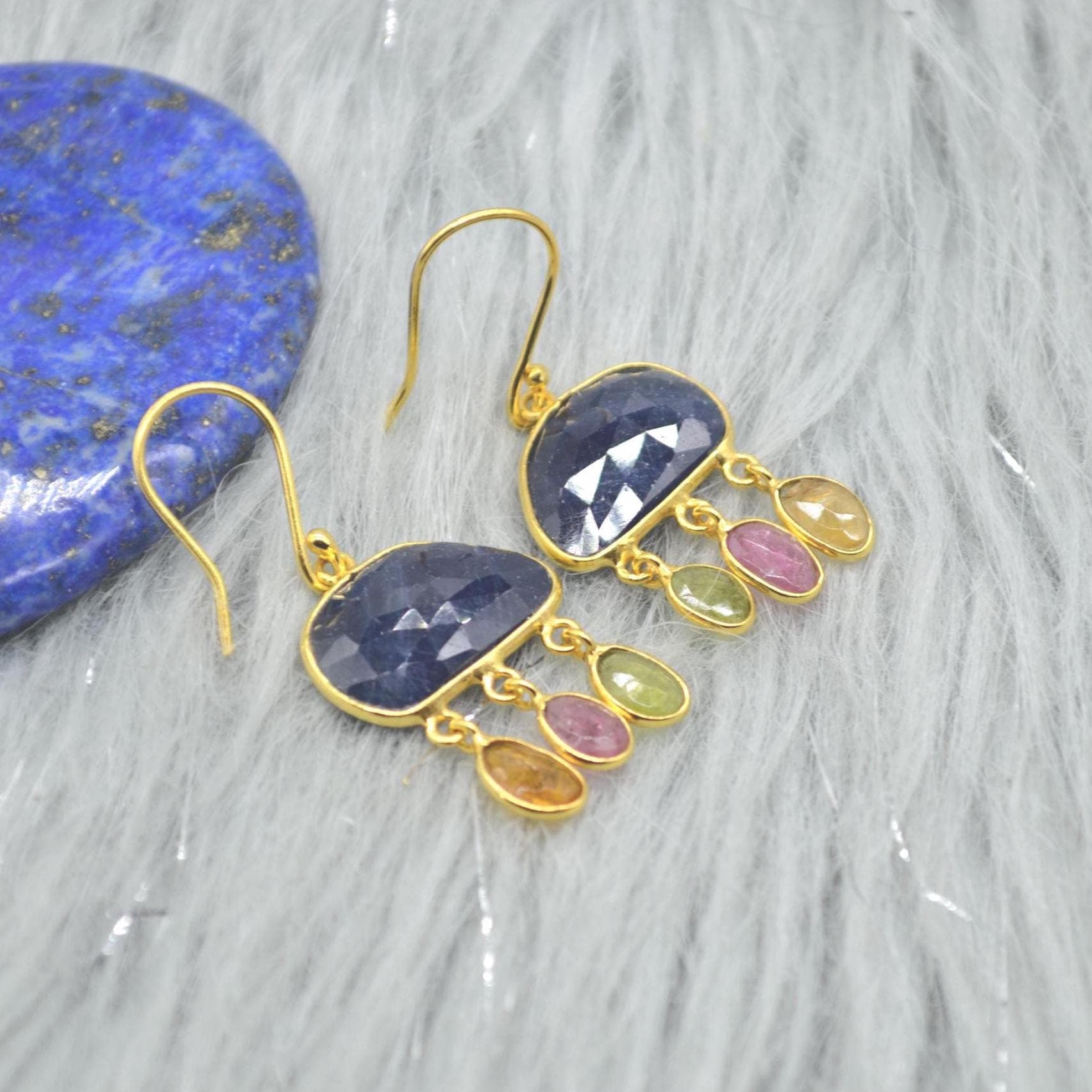 Blue Sapphire Tourmaline Silver Earrings: Gemstone Gold Dangle Drop, September October Birthstone