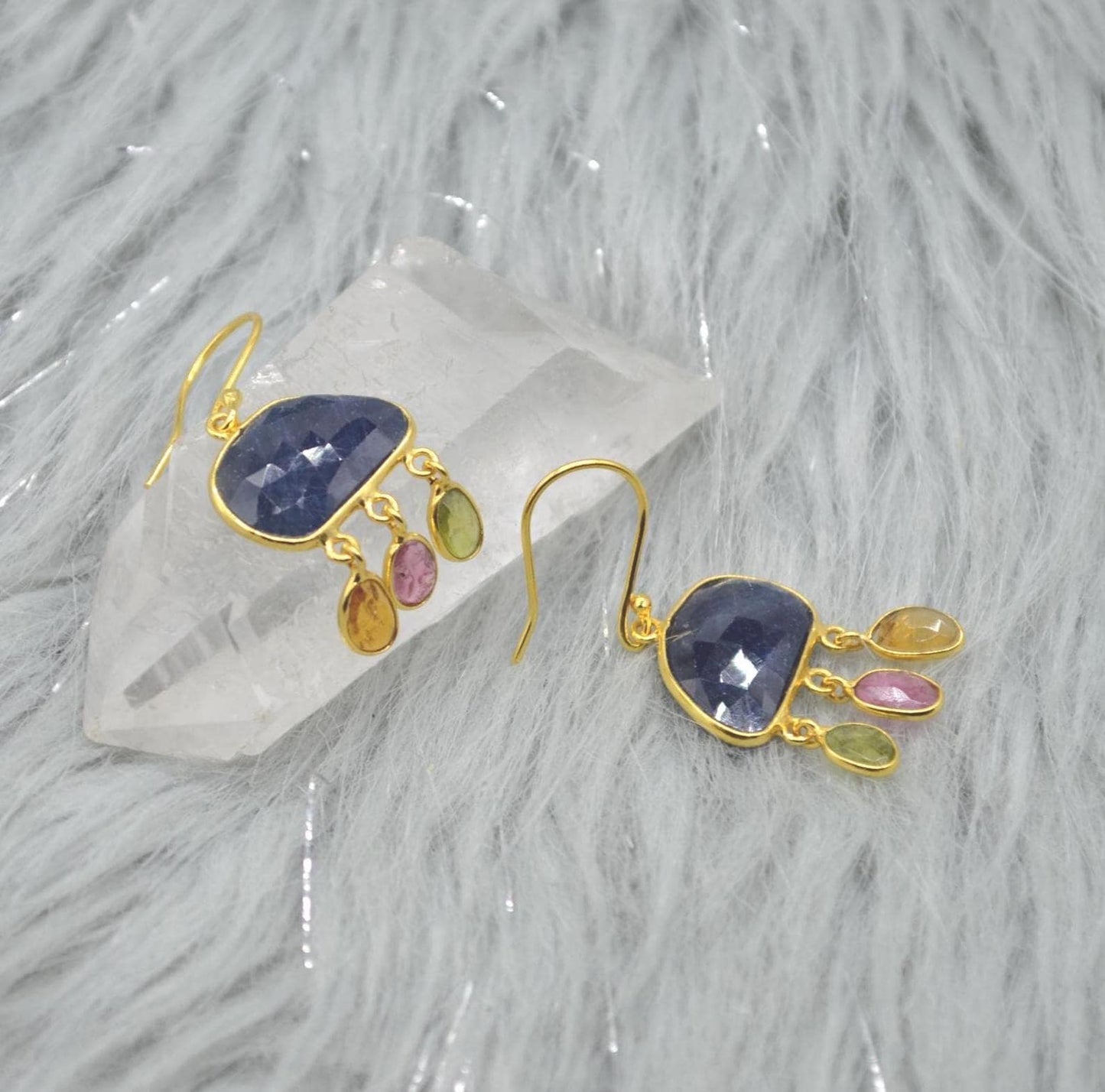Blue Sapphire Tourmaline Silver Earrings: Gemstone Gold Dangle Drop, September October Birthstone