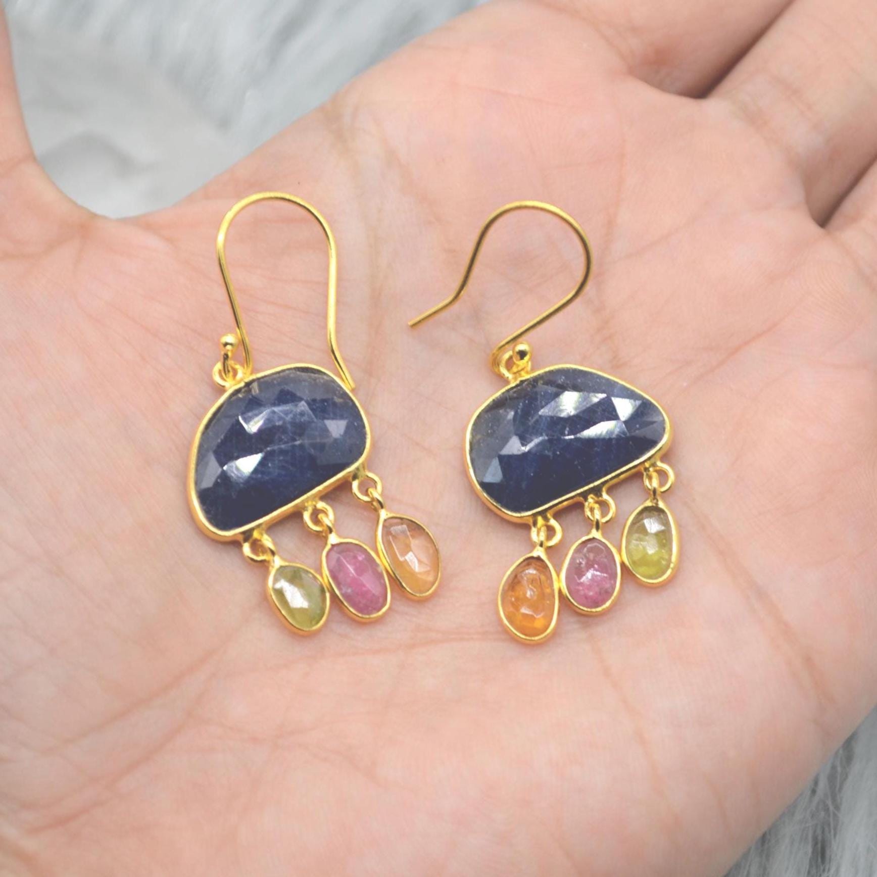 Blue Sapphire Tourmaline Silver Earrings: Gemstone Gold Dangle Drop, September October Birthstone