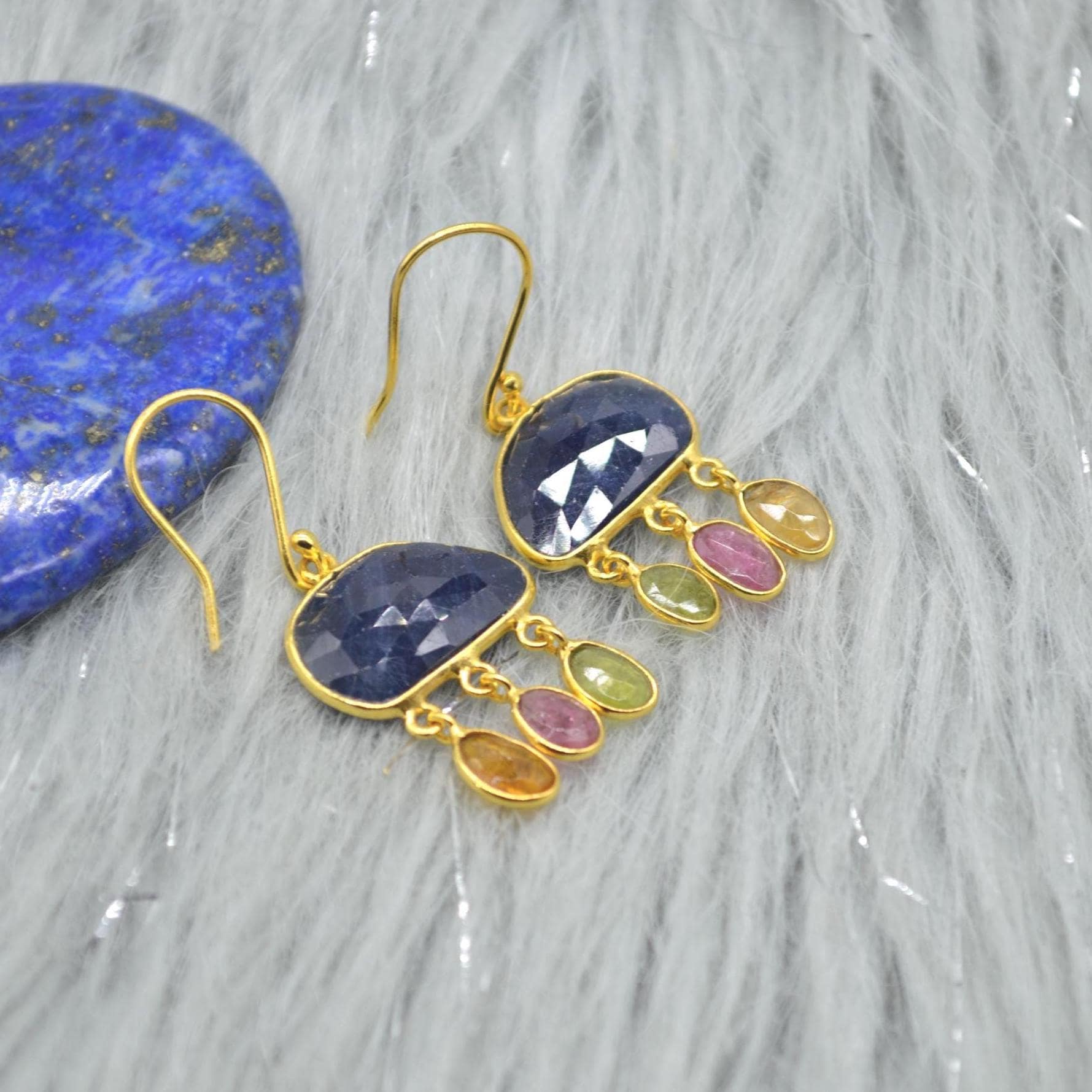 Blue Sapphire Tourmaline Silver Earrings: Gemstone Gold Dangle Drop, September October Birthstone
