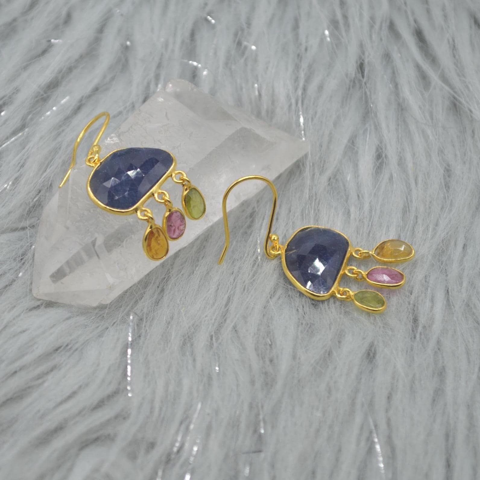 Blue Sapphire Tourmaline Silver Earrings: Gemstone Gold Dangle Drop, September October Birthstone