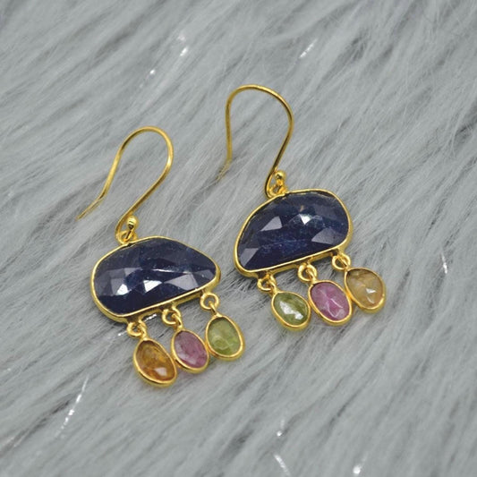 Blue Sapphire Tourmaline Silver Earrings: Gemstone Gold Dangle Drop, September October Birthstone