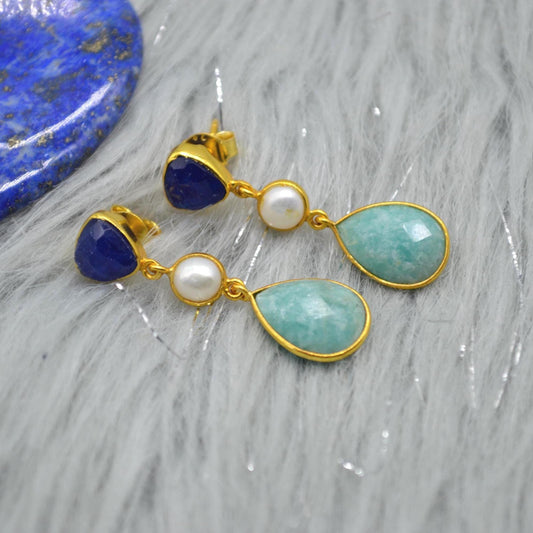 Blue Jade Pearl Amazonite Silver Earrings: Blue White Gemstone Jewelry, June Birthstone Gold Drop