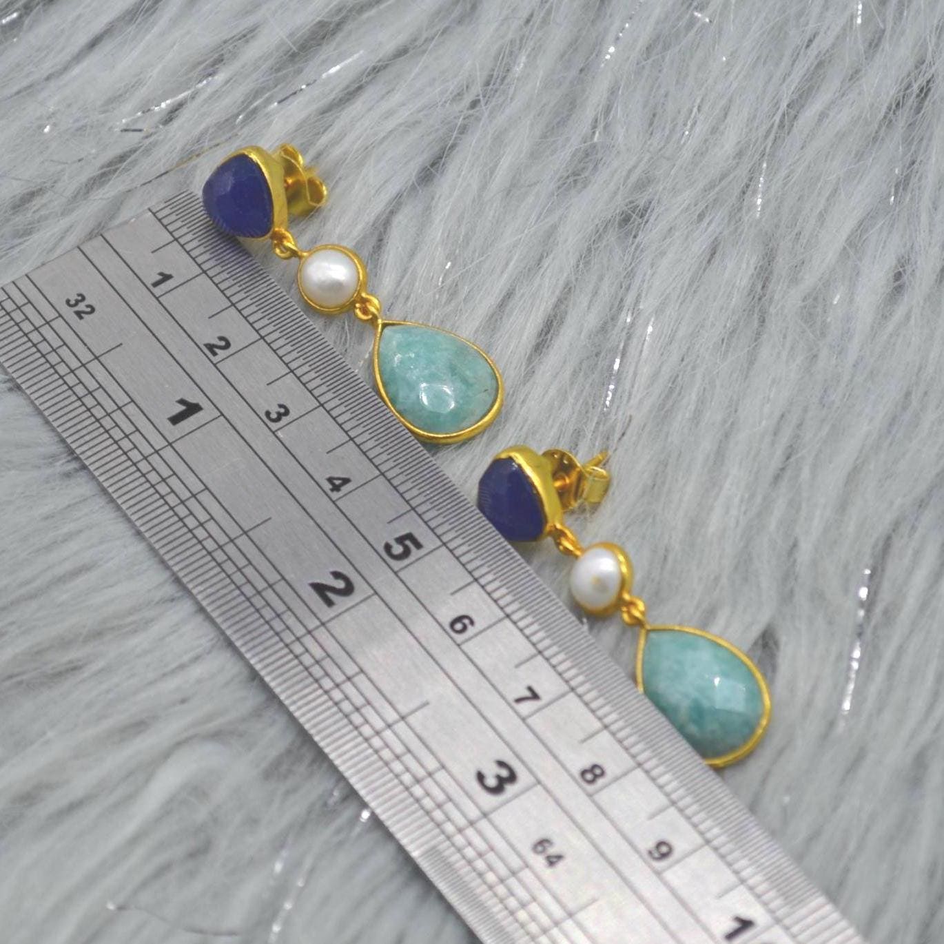 Blue Jade Pearl Amazonite Silver Earrings: Blue White Gemstone Jewelry, June Birthstone Gold Drop