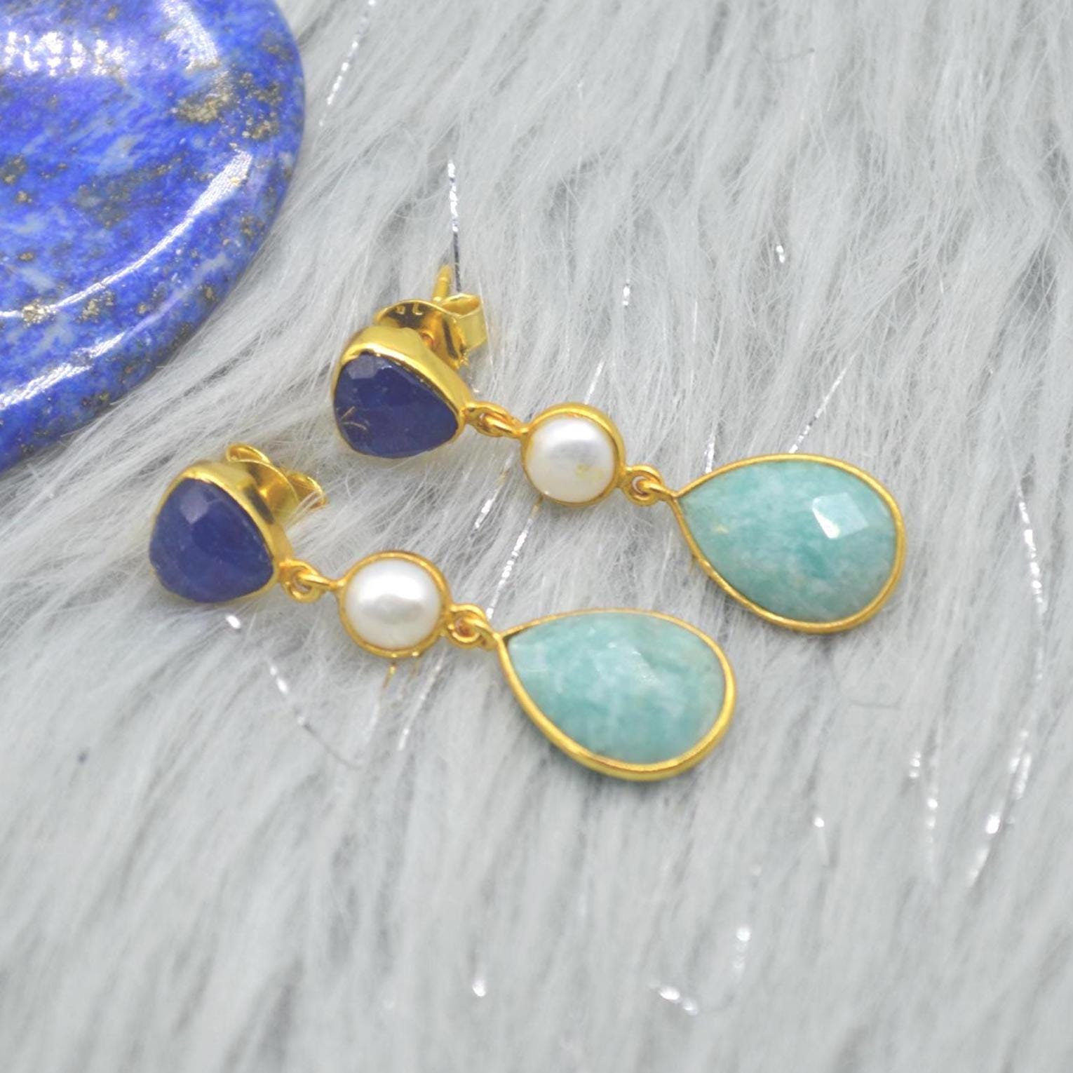 Blue Jade Pearl Amazonite Silver Earrings: Blue White Gemstone Jewelry, June Birthstone Gold Drop