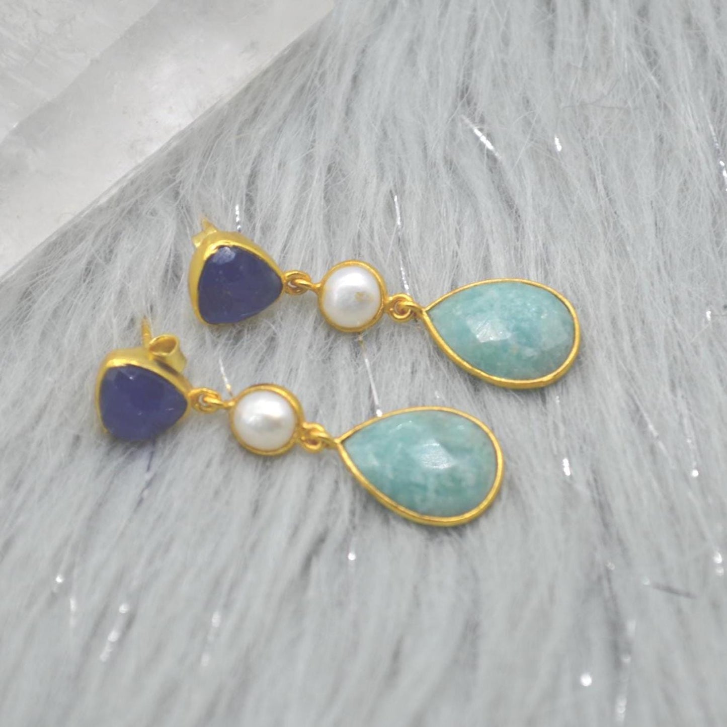 Blue Jade Pearl Amazonite Silver Earrings: Blue White Gemstone Jewelry, June Birthstone Gold Drop