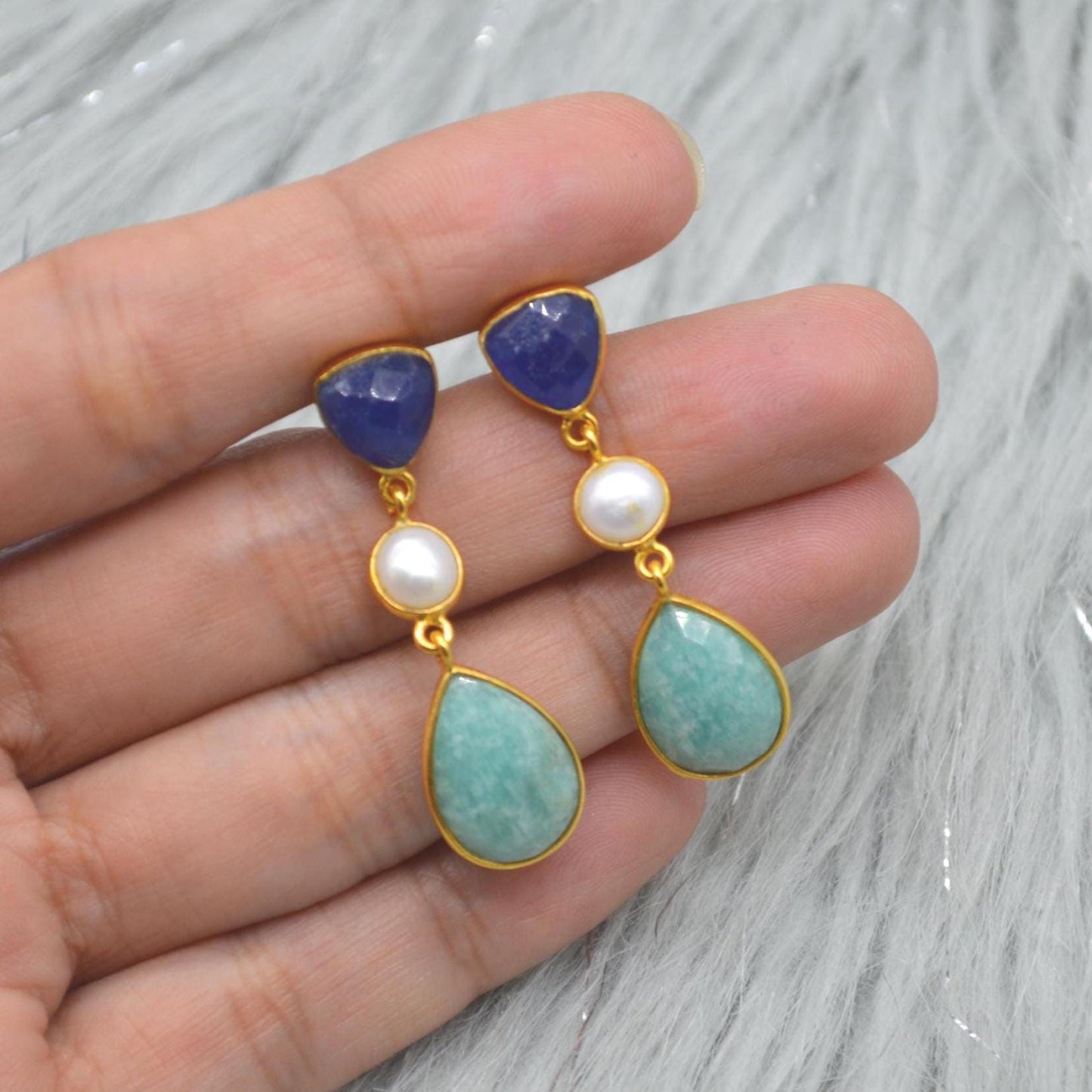 Blue Jade Pearl Amazonite Silver Earrings: Blue White Gemstone Jewelry, June Birthstone Gold Drop