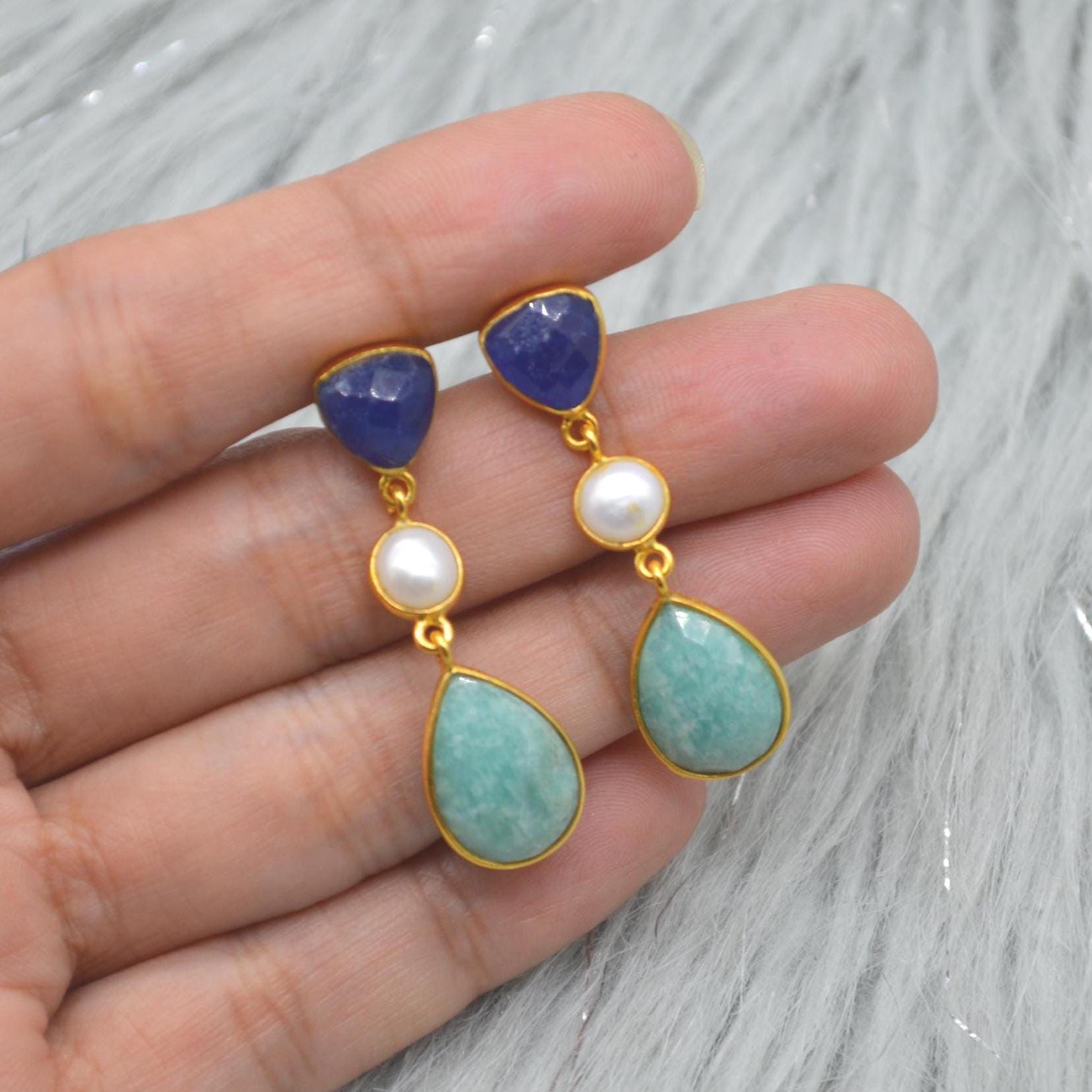 Blue Jade Pearl Amazonite Silver Earrings: Blue White Gemstone Jewelry, June Birthstone Gold Drop