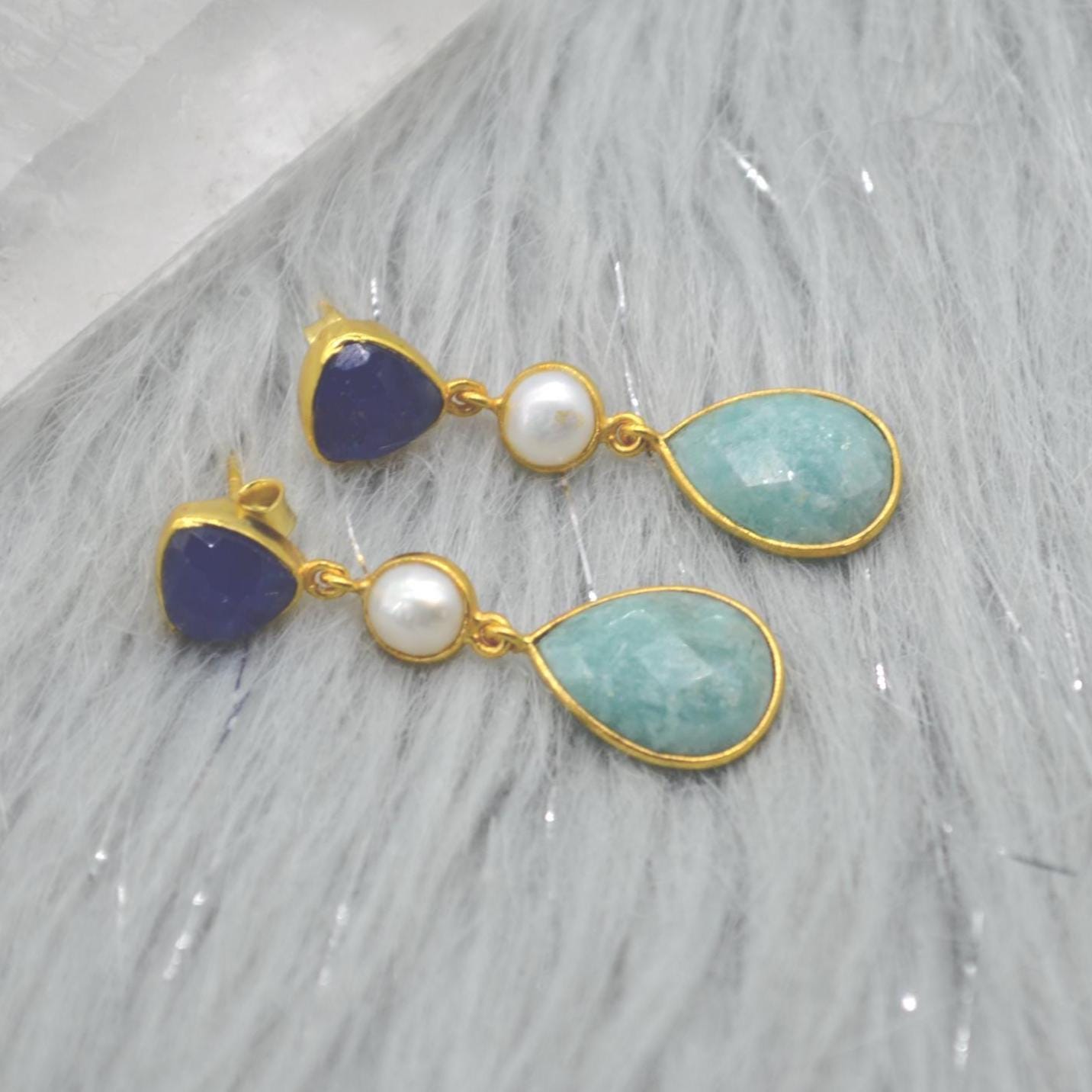 Blue Jade Pearl Amazonite Silver Earrings: Blue White Gemstone Jewelry, June Birthstone Gold Drop