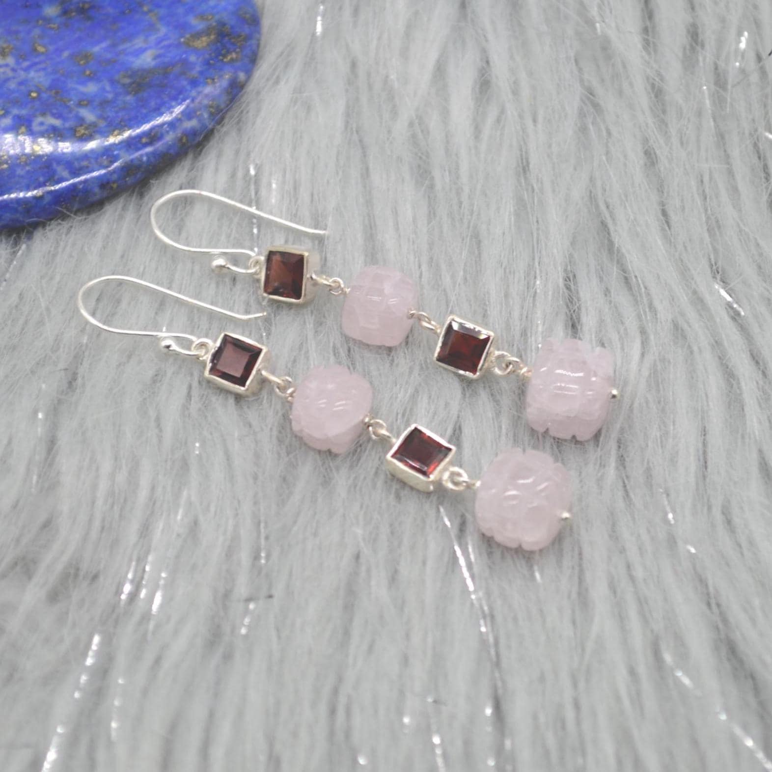 Pink Jade Red Garnet Silver Earrings: Gemstone Dangle Drop, January Birthstone Jewelry