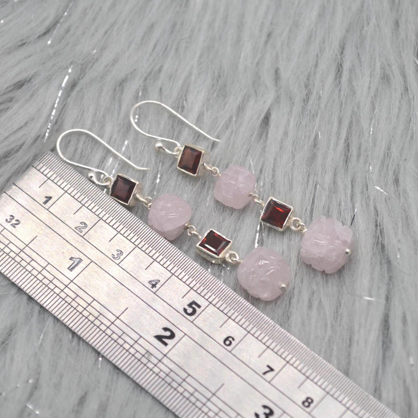 Pink Jade Red Garnet Silver Earrings: Gemstone Dangle Drop, January Birthstone Jewelry