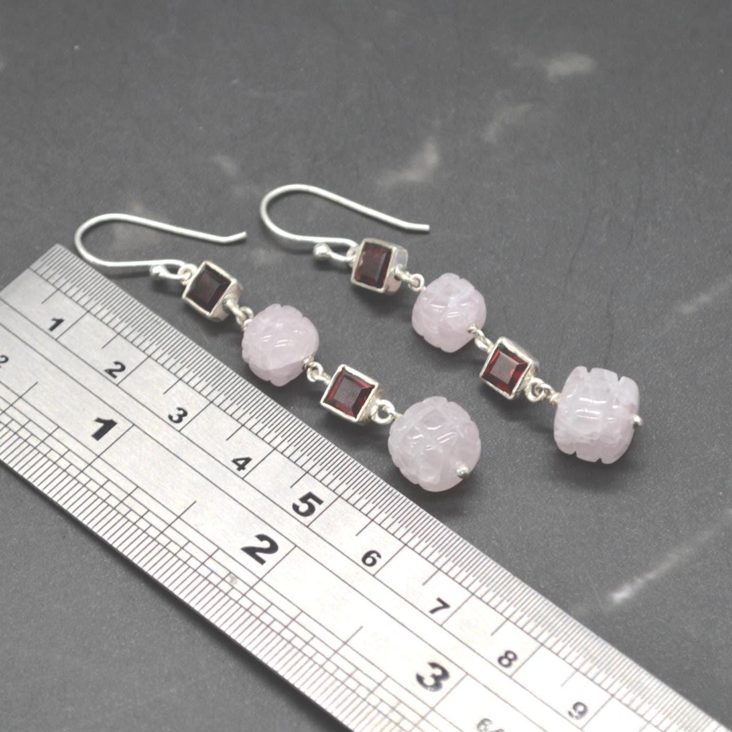 Pink Jade Red Garnet Silver Earrings: Gemstone Dangle Drop, January Birthstone Jewelry