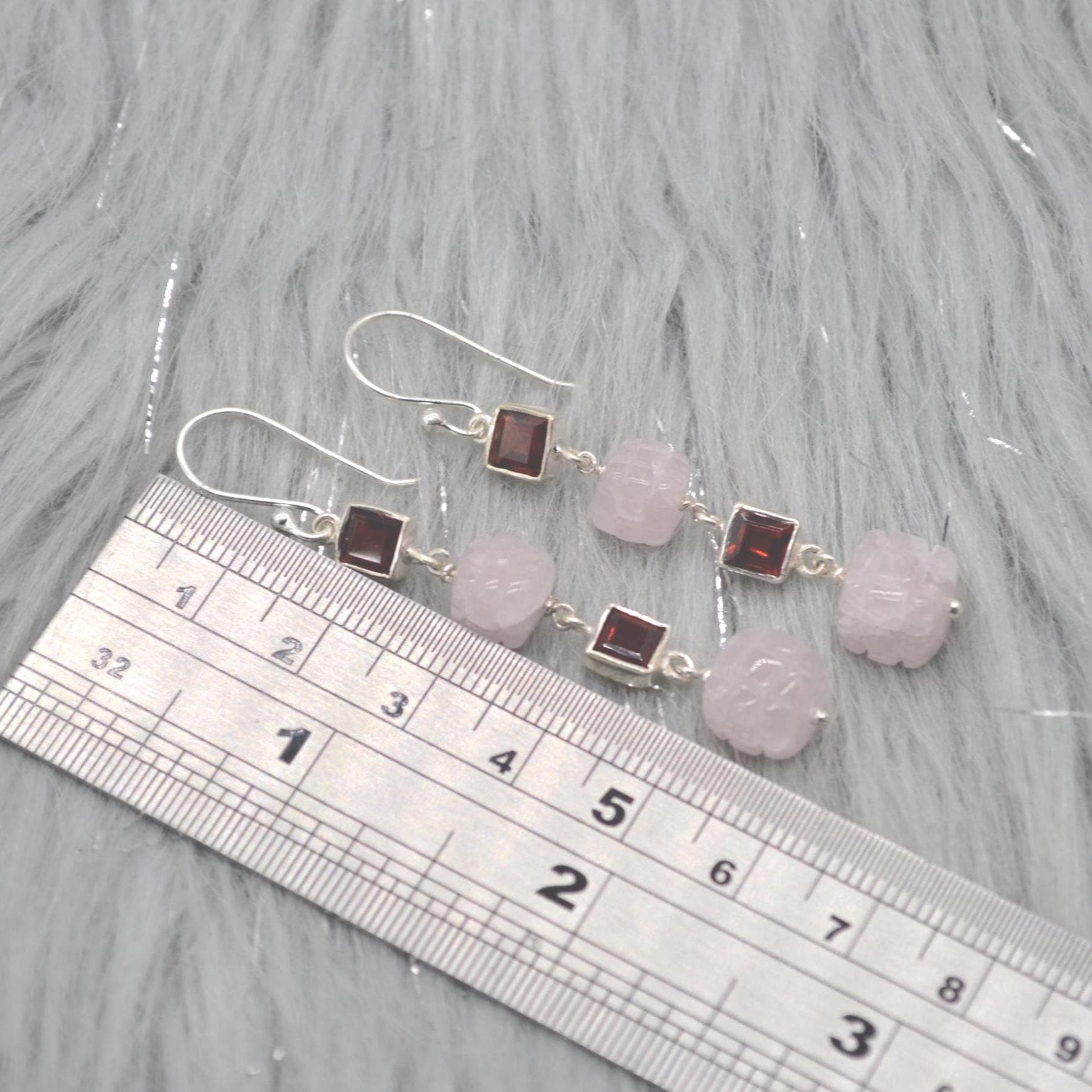 Pink Jade Red Garnet Silver Earrings: Gemstone Dangle Drop, January Birthstone Jewelry
