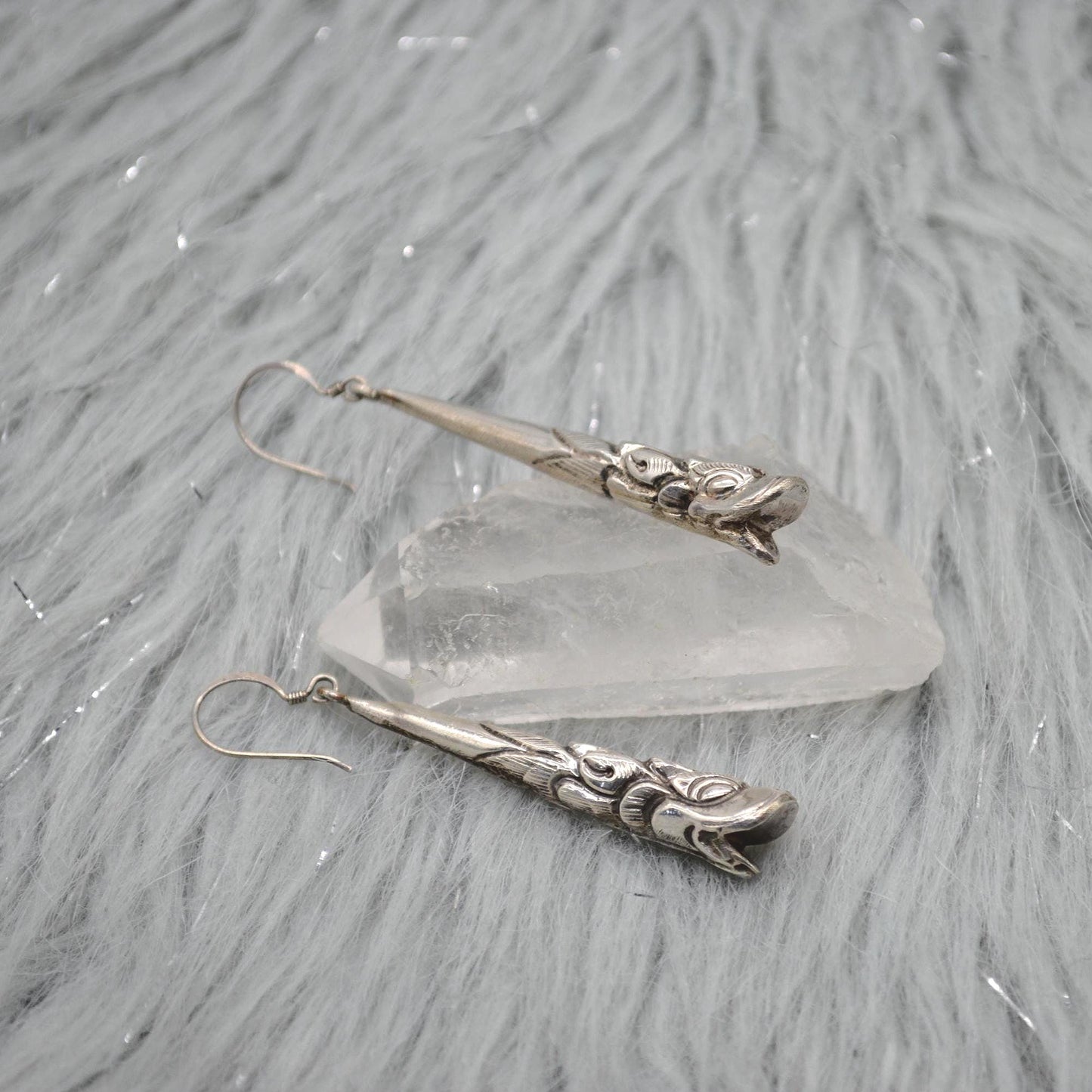 Oxidised Sterling Silver Earrings: Dragon Fish, Handmade Nepali Jewelry