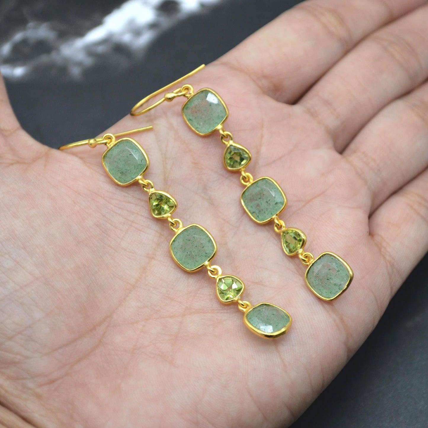 Peridot Green Jade Silver Dangle Earrings: August Birthstone, Gold Plated, Long Gemstone Drop Jewelry