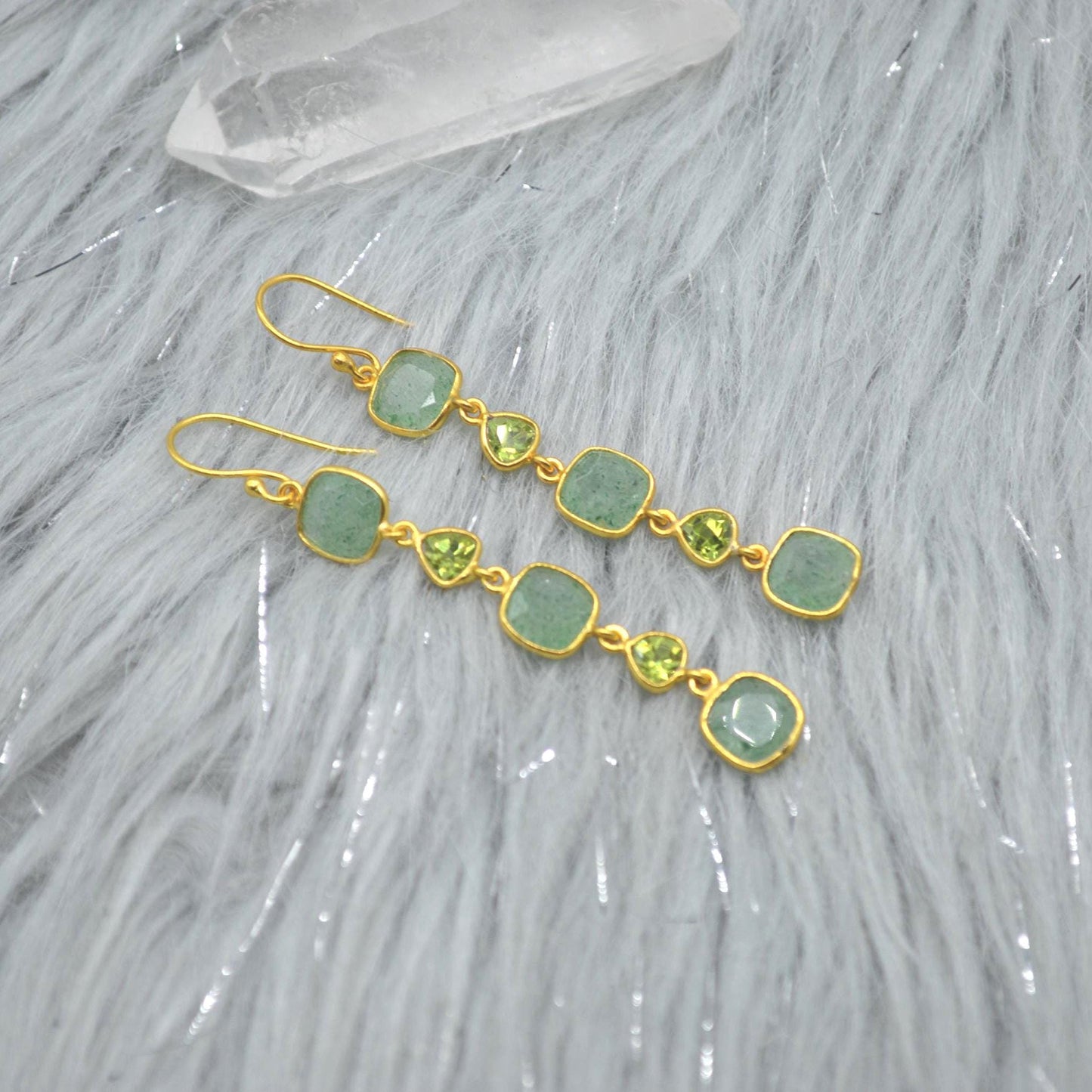 Peridot Green Jade Silver Dangle Earrings: August Birthstone, Gold Plated, Long Gemstone Drop Jewelry
