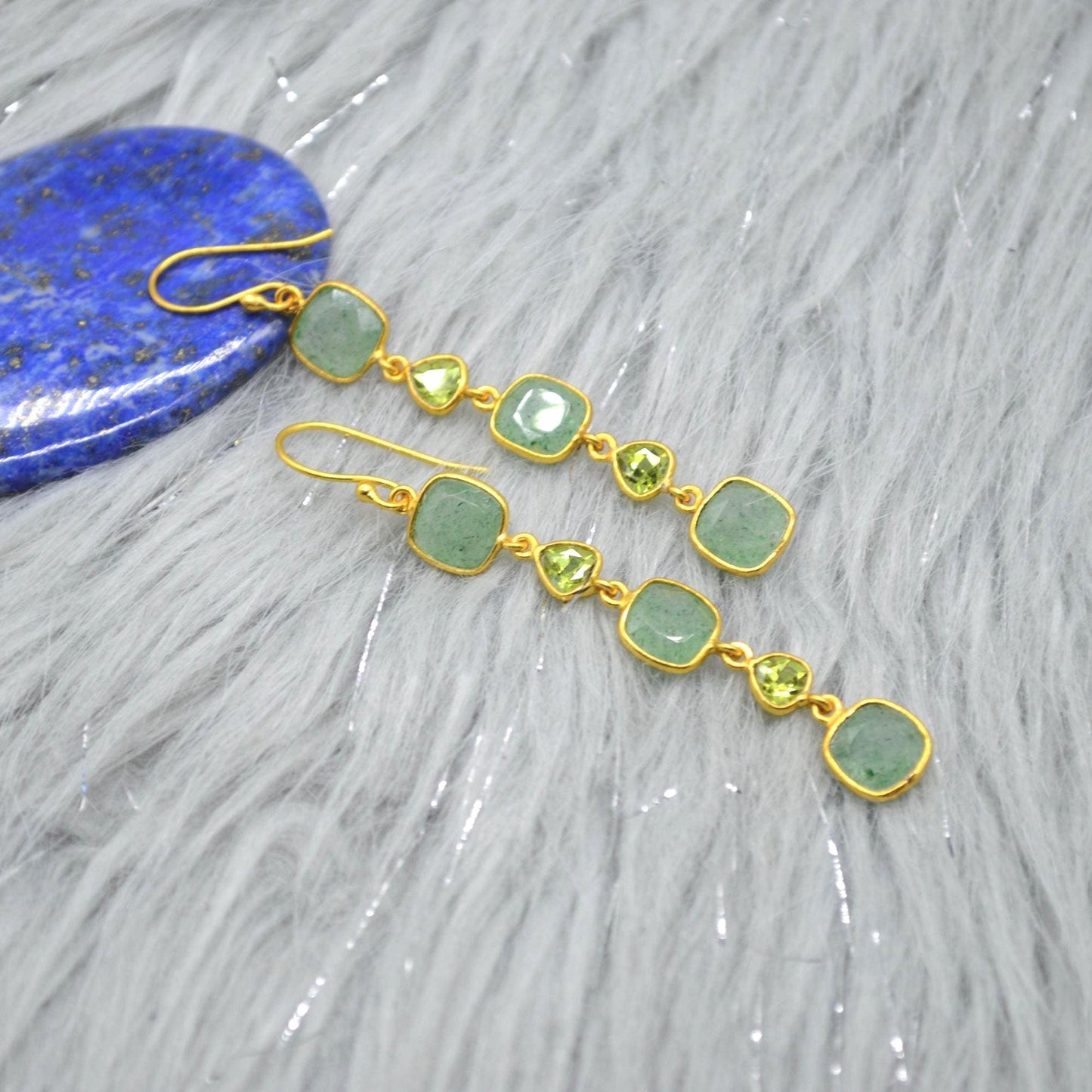 Peridot Green Jade Silver Dangle Earrings: August Birthstone, Gold Plated, Long Gemstone Drop Jewelry