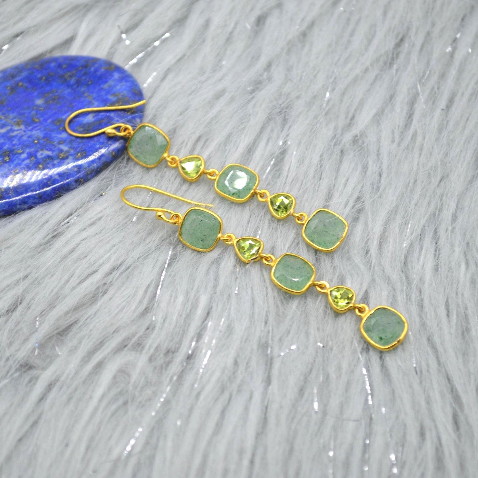 Peridot Green Jade Silver Dangle Earrings: August Birthstone, Gold Plated, Long Gemstone Drop Jewelry