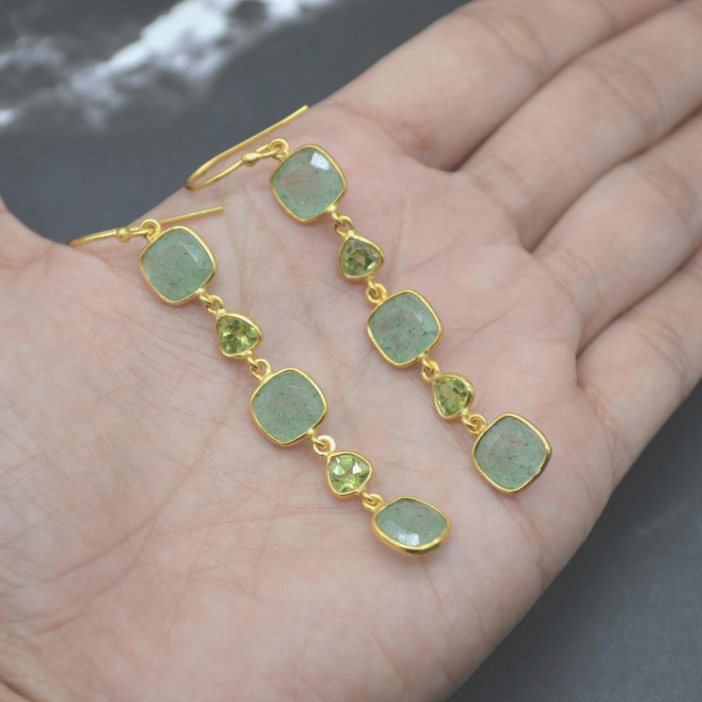 Peridot Green Jade Silver Dangle Earrings: August Birthstone, Gold Plated, Long Gemstone Drop Jewelry