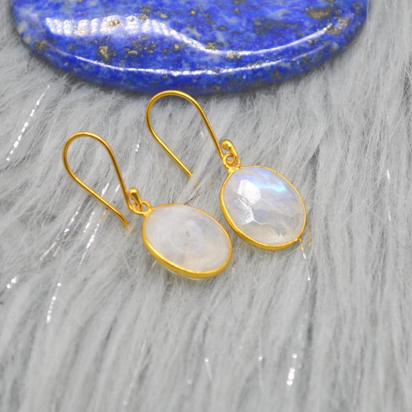 Rainbow Moonstone Gold Drop Earrings: Sterling Silver, June Birthstone, Oval Jewelry