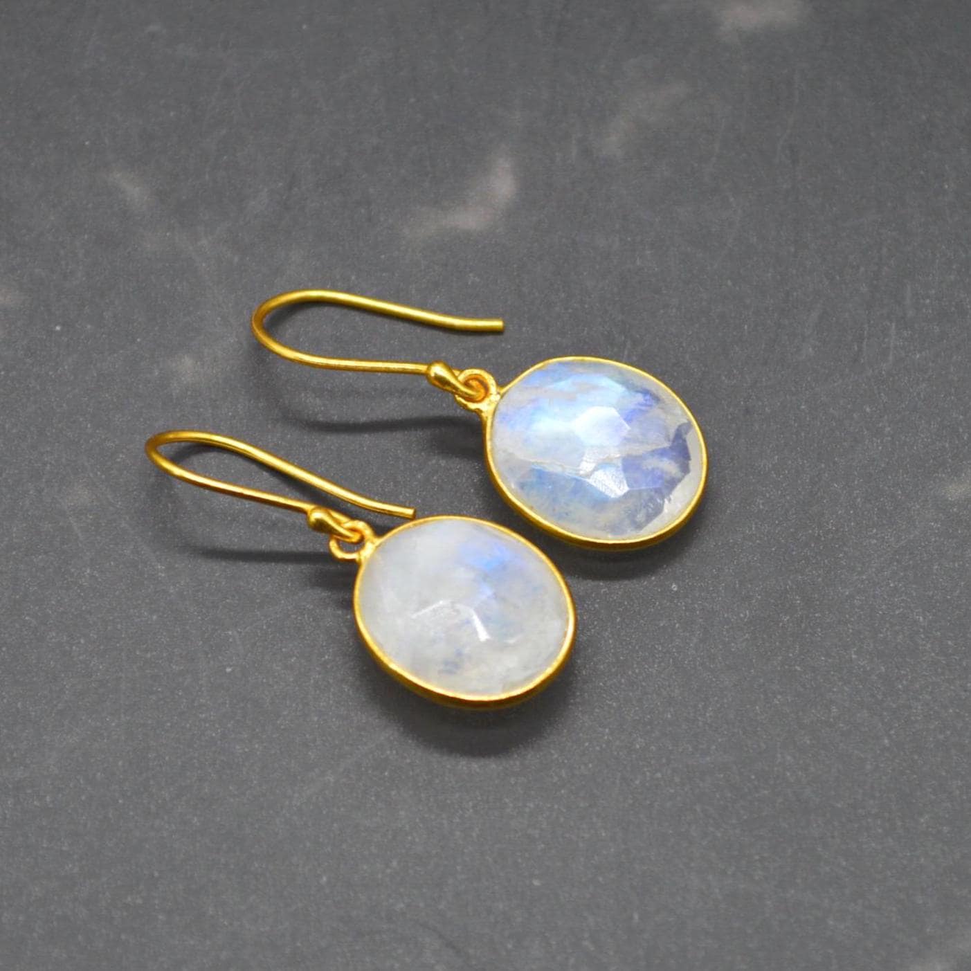 Rainbow Moonstone Gold Drop Earrings: Sterling Silver, June Birthstone, Oval Jewelry