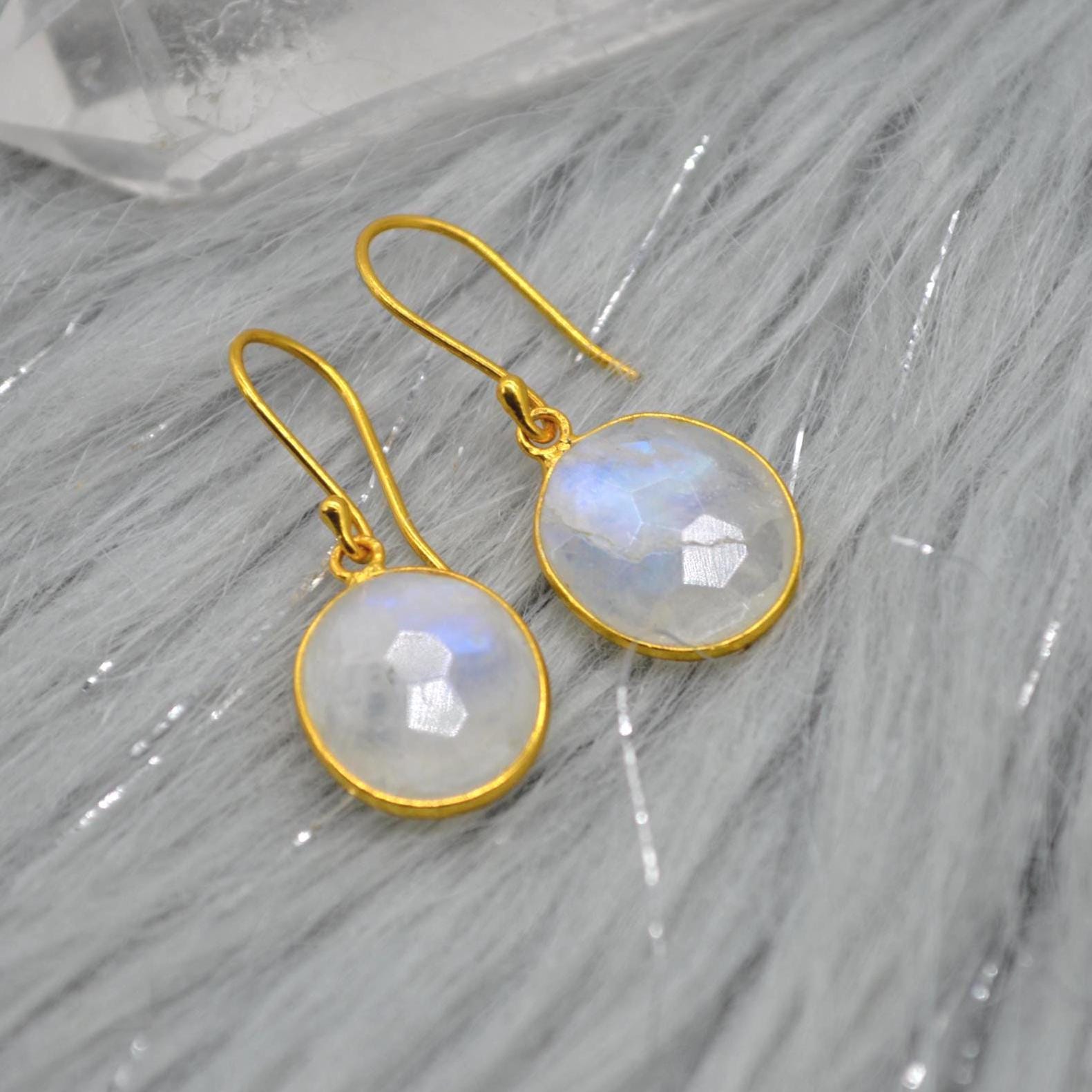 Rainbow Moonstone Gold Drop Earrings: Sterling Silver, June Birthstone, Oval Jewelry
