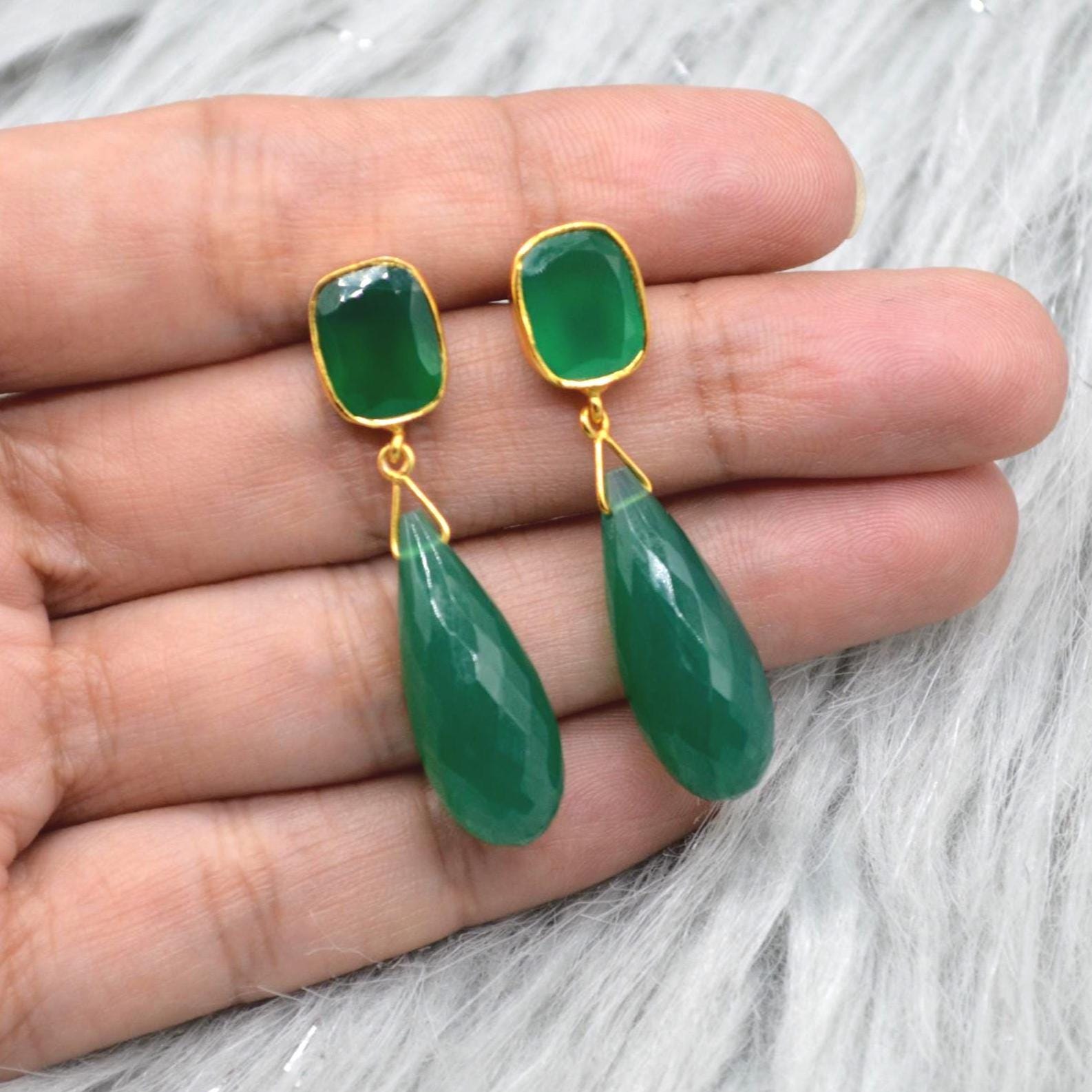 Green Onyx Gold Drop Earrings: Sterling Silver Jewelry, Gemstone Teardrop Earrings