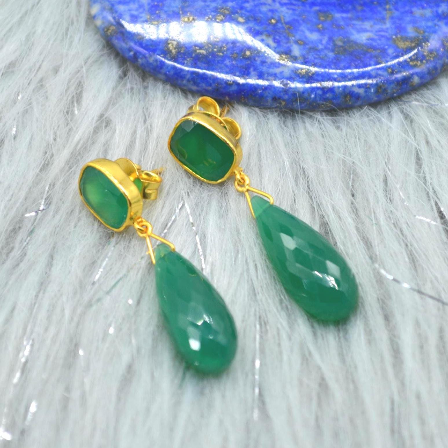 Green Onyx Gold Drop Earrings: Sterling Silver Jewelry, Gemstone Teardrop Earrings