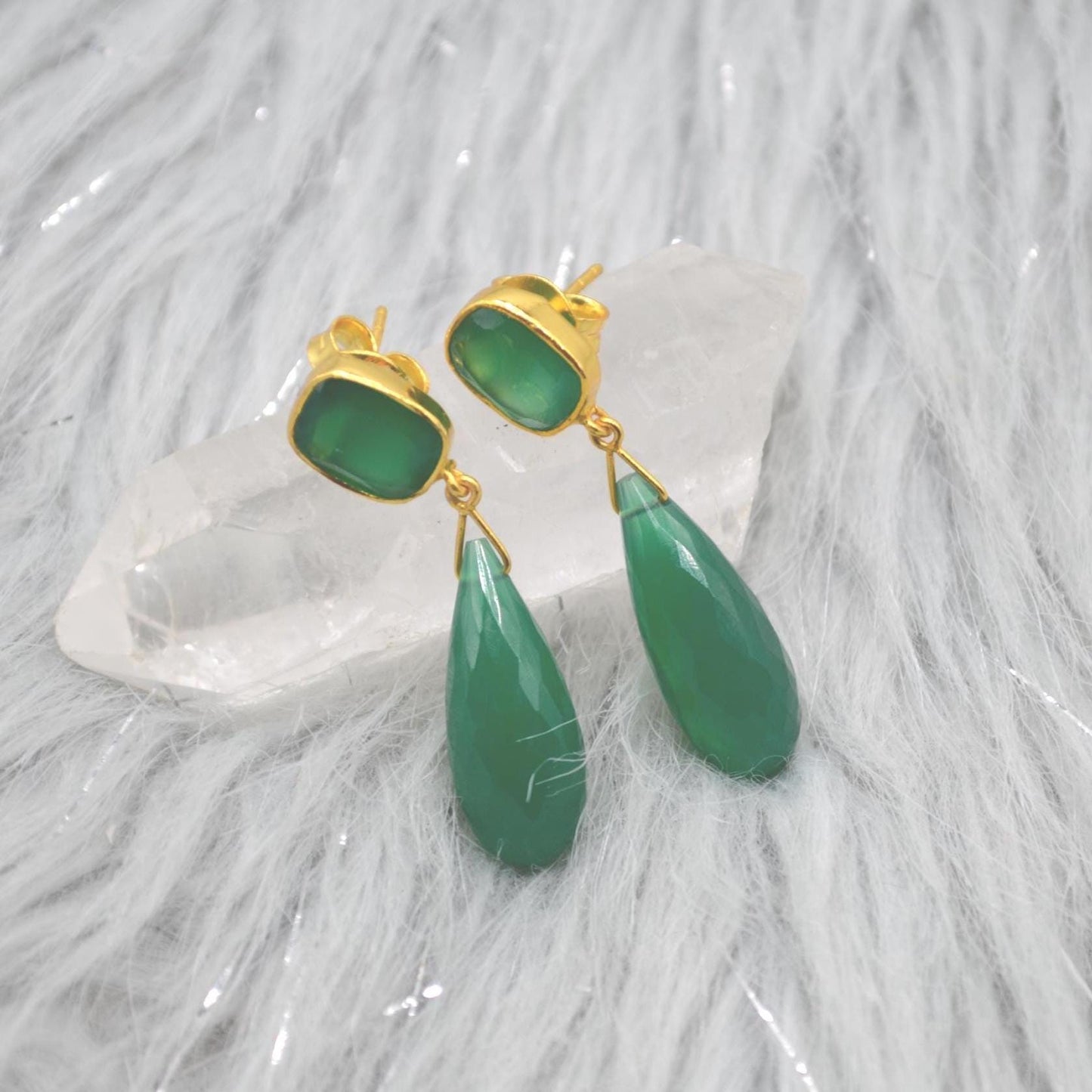 Green Onyx Gold Drop Earrings: Sterling Silver Jewelry, Gemstone Teardrop Earrings