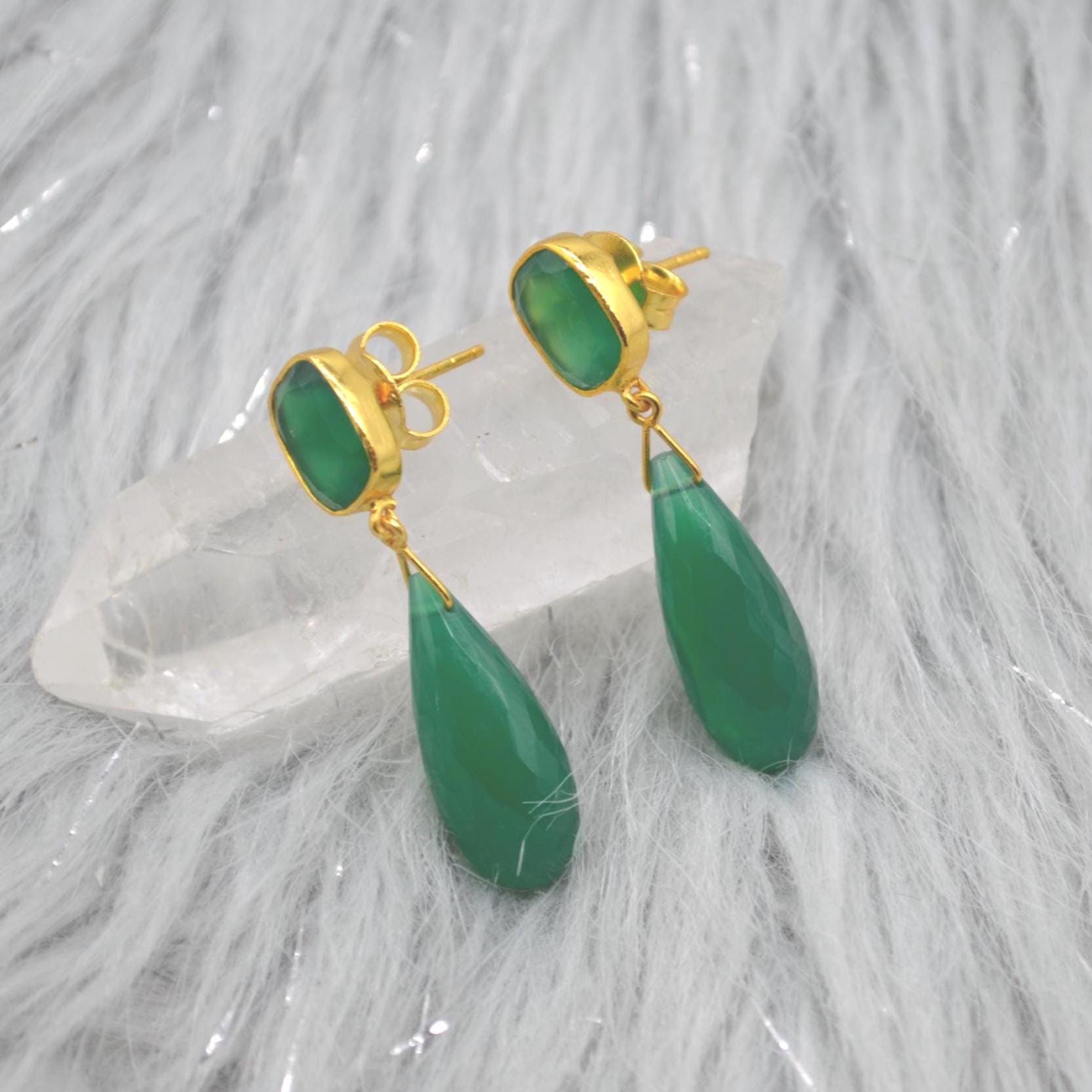 Green Onyx Gold Drop Earrings: Sterling Silver Jewelry, Gemstone Teardrop Earrings