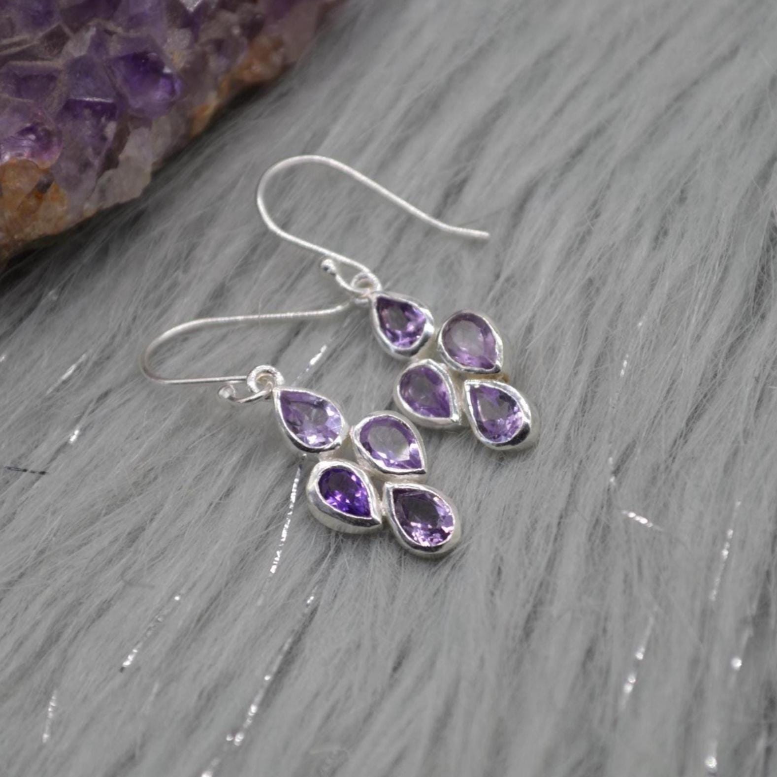 Amethyst Sterling Silver Drop Earrings: February Birthstone, Purple Gemstone Floral Jewelry