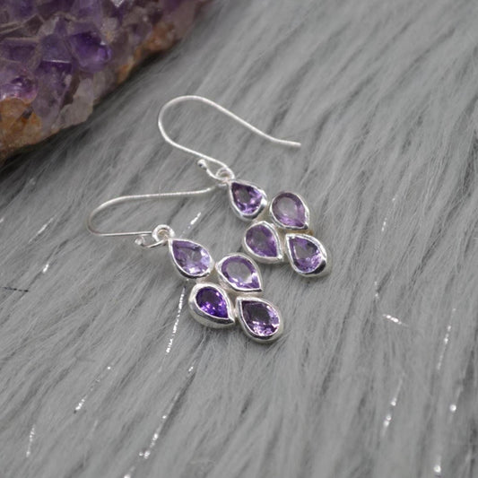 Amethyst Sterling Silver Drop Earrings: February Birthstone, Purple Gemstone Floral Jewelry