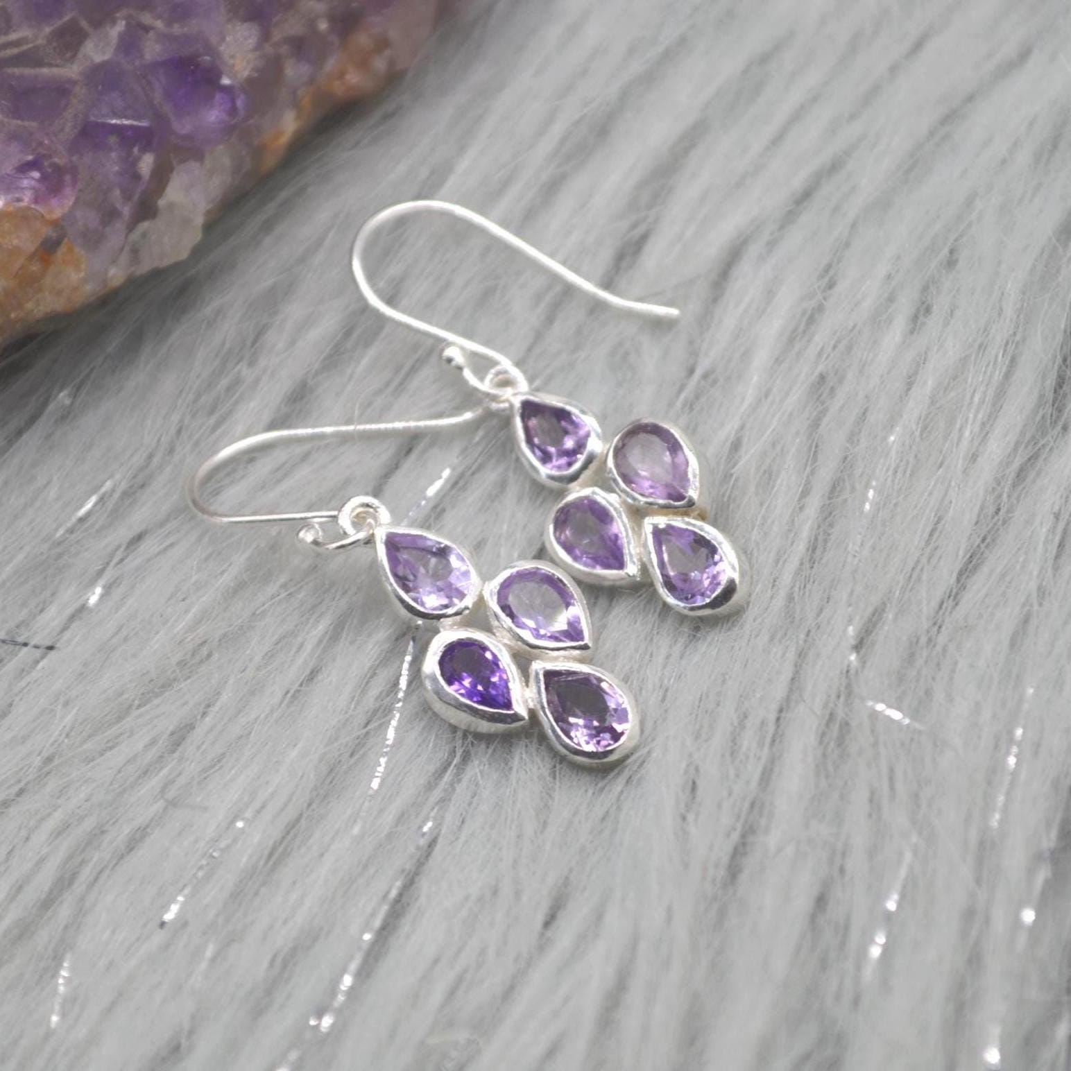Amethyst Sterling Silver Drop Earrings: February Birthstone, Purple Gemstone Floral Jewelry