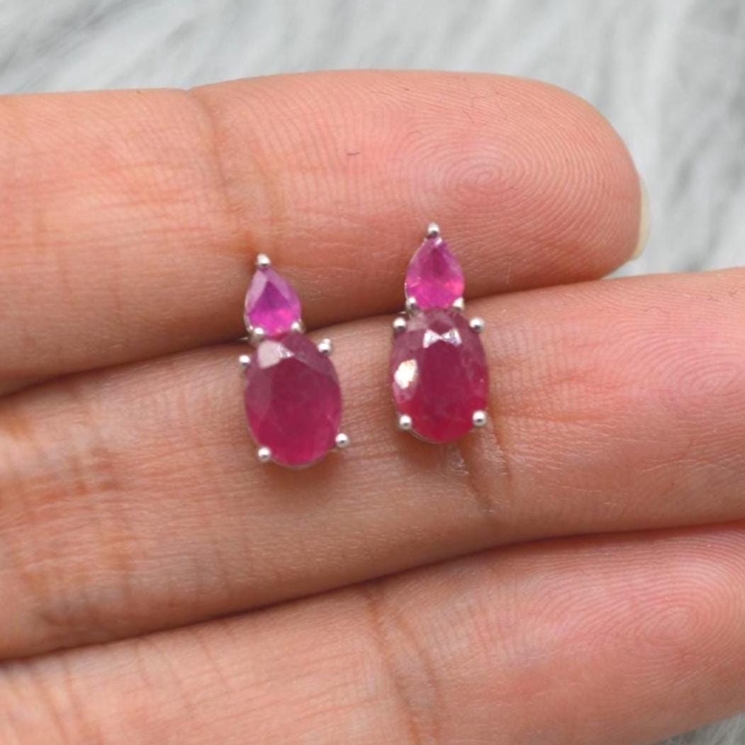 Red Ruby Sterling Silver Stud Earrings: Minimalist July Birthstone Jewelry