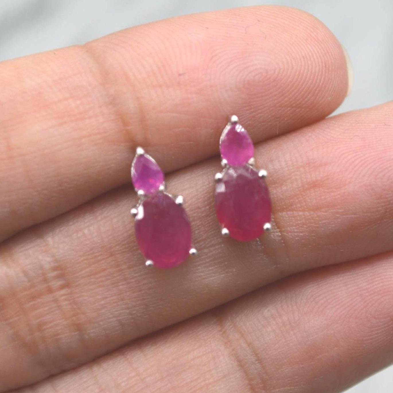 Red Ruby Sterling Silver Stud Earrings: Minimalist July Birthstone Jewelry